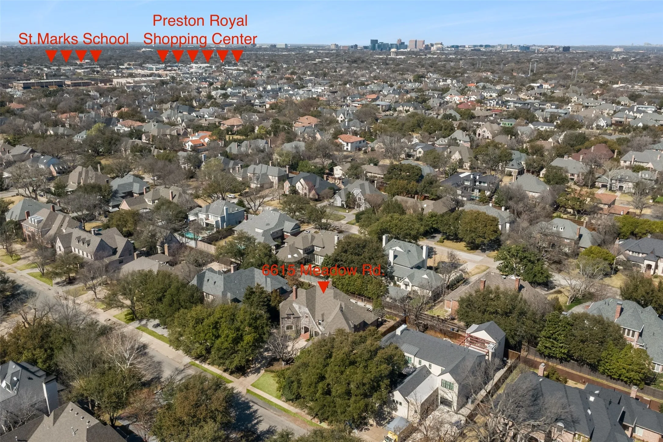 Aerial view shows the close proximity to St Marks, and all shopping at Preston and Royal, including Central Market, Tom Thumb, Ballard Design, Sephora, Frontgate, Tyler's and many popular dining options.
