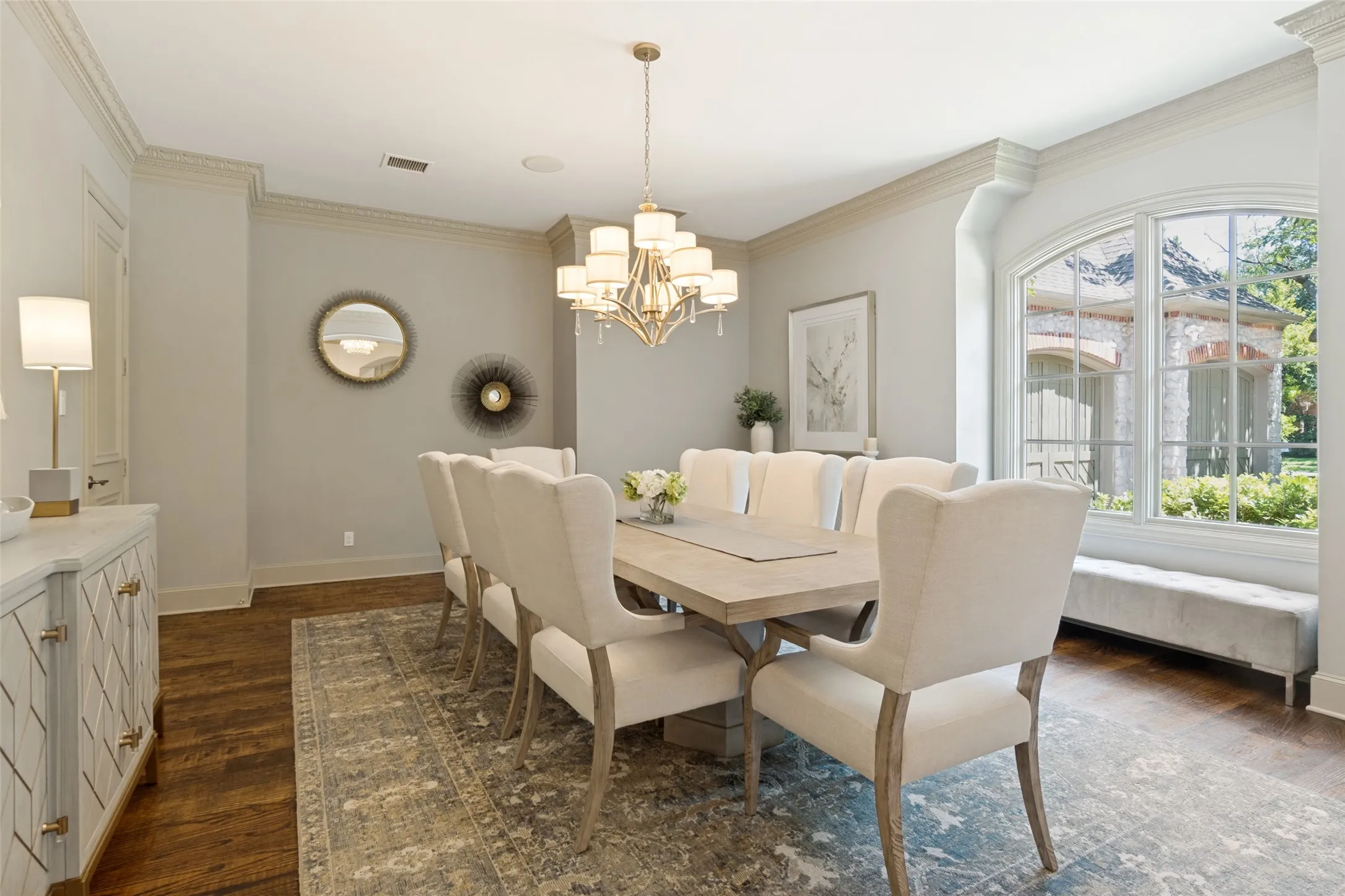 Whether intimate dinner parties or large holiday celebrations, this dining room with two, adjacent butler pantries and nearby bar, is updated and ready for the next event.