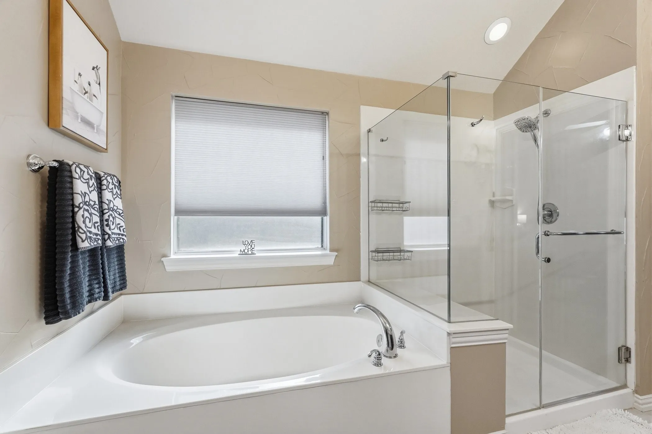 Full bath with a stall shower and a garden tub
