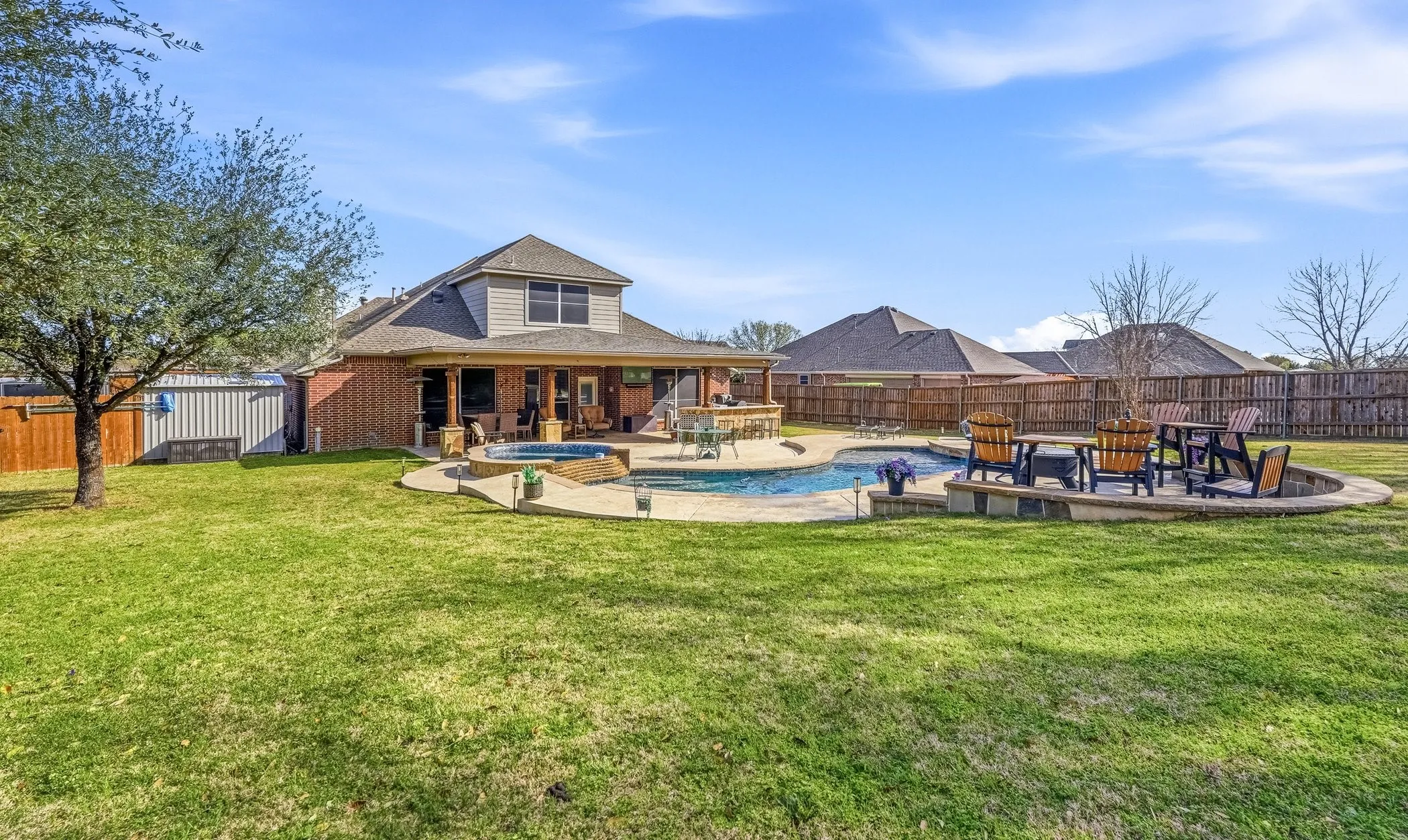 Relaxing pool / spa featuring a patio area and a fenced backyard