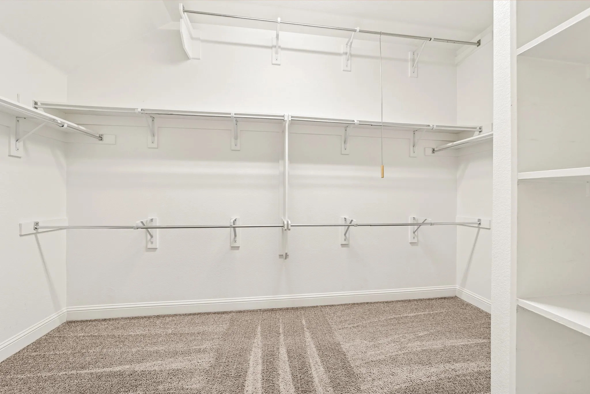 Walk in closet featuring light carpet