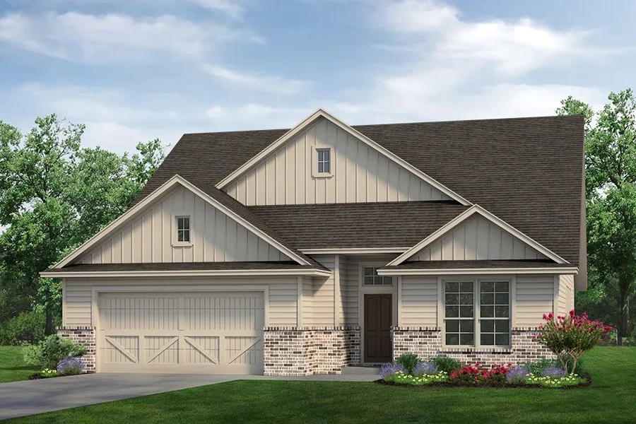 Contemporary facade with white siding and a brick accent skirt