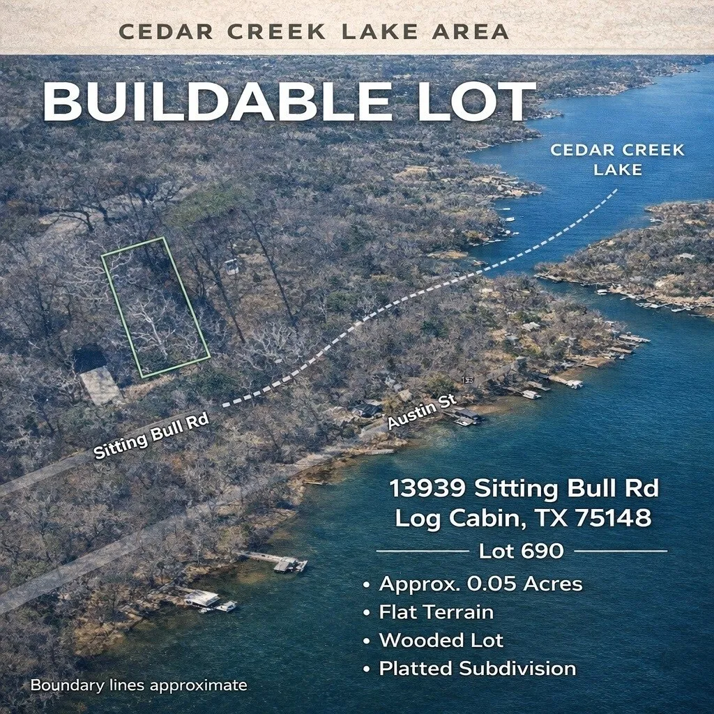 Unimproved Land For Sale in Henderson County , 13939 Sitting Bull, Log Cabin, Texas 75148, 0, 0, Garage spaces, 0 Sqft, built in 0, Price $14,500, mls#21211247, Real Estate Agent in Log Cabin, Homes For Sale in Henderson county, Homes For Sale in Log Cabin, Realtor in Log Cabin Texas, Real Estate Brokerage Independent Realty Texas, Luminita Cordes Realtor