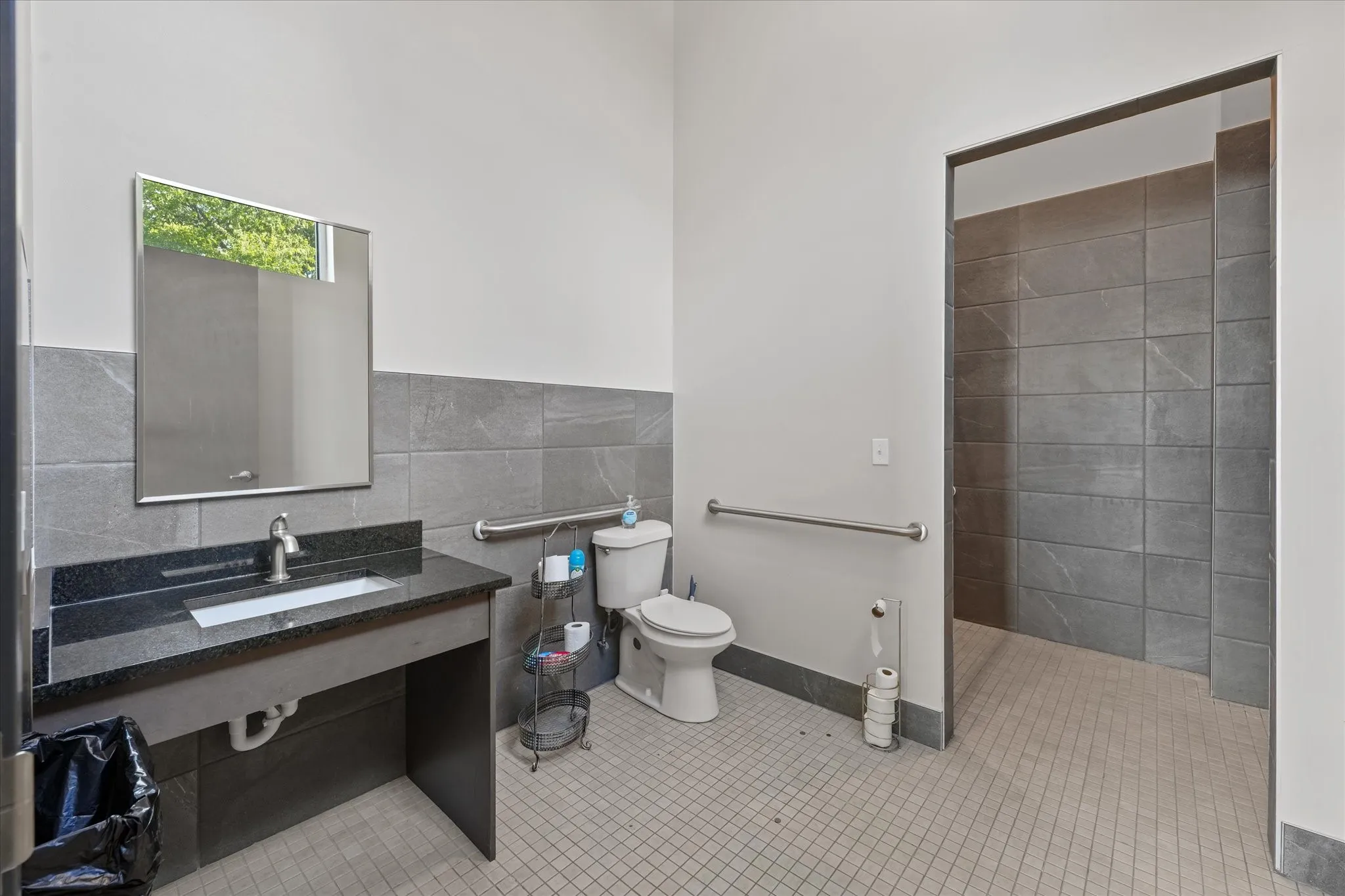 Full bath with pet washing area, tile walls, light tile patterned floors, and vanity