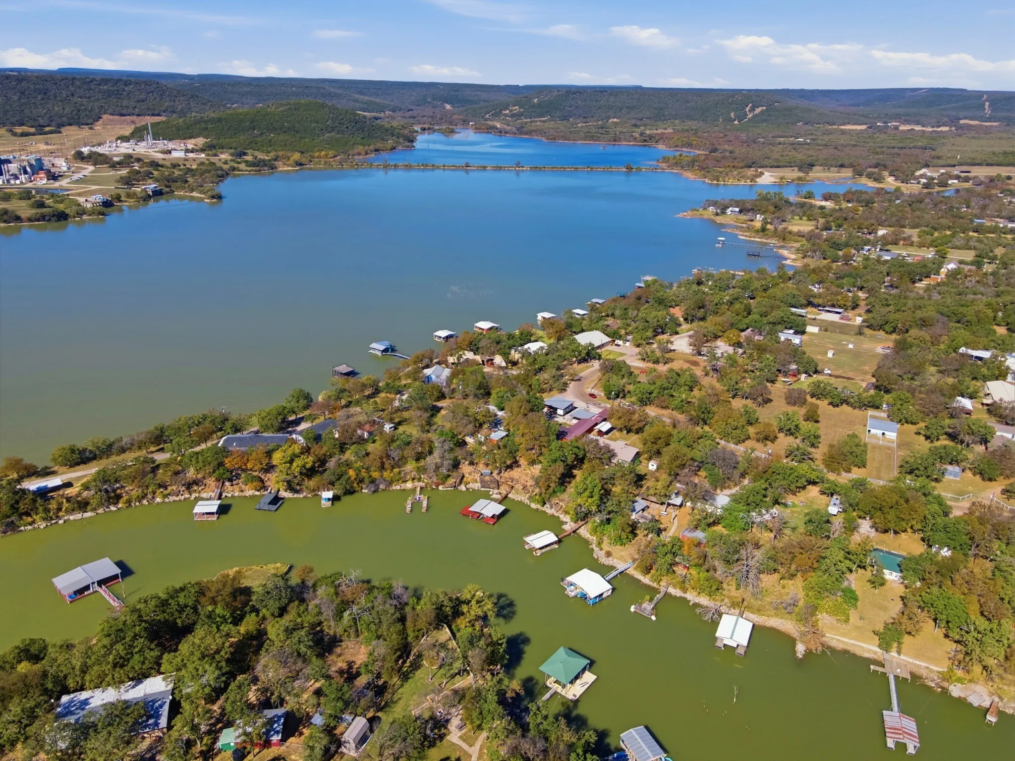 Sweeping aerial view of the Lake Palo Pinto setting.