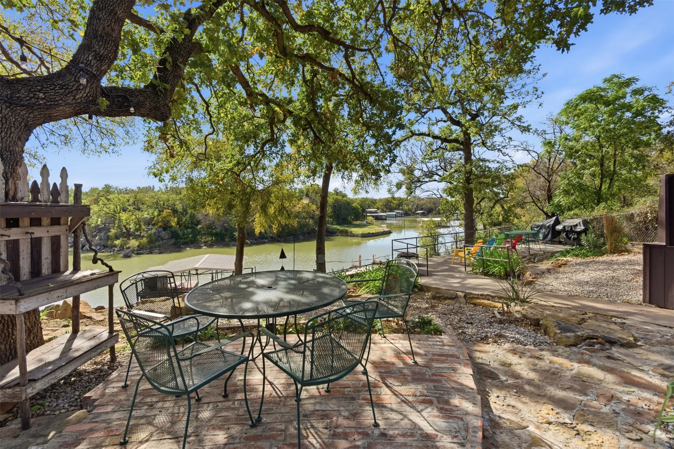 Shaded patio with a relaxing lake view.