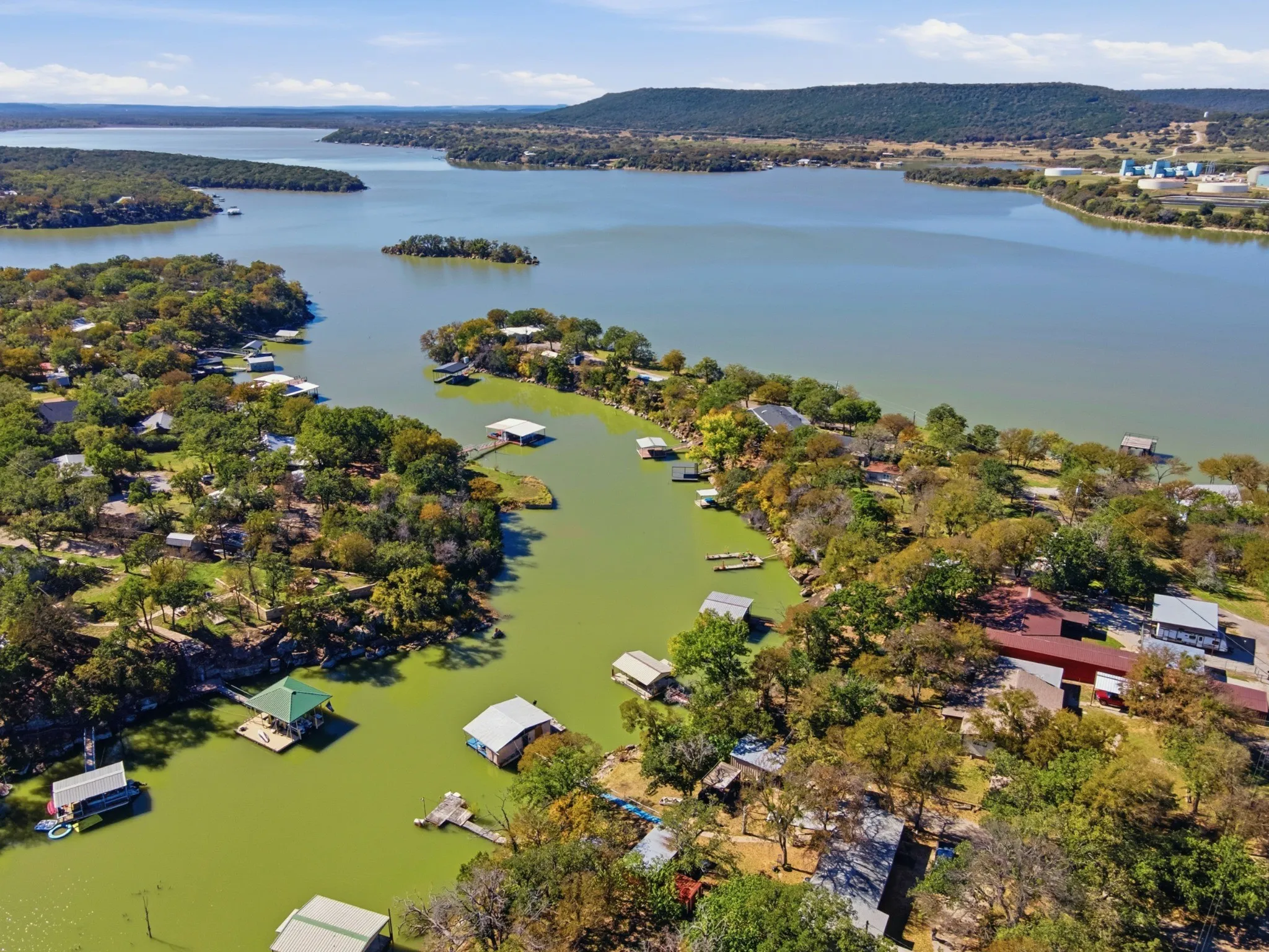 Expansive aerial view of the cove and Lake Palo Pinto.