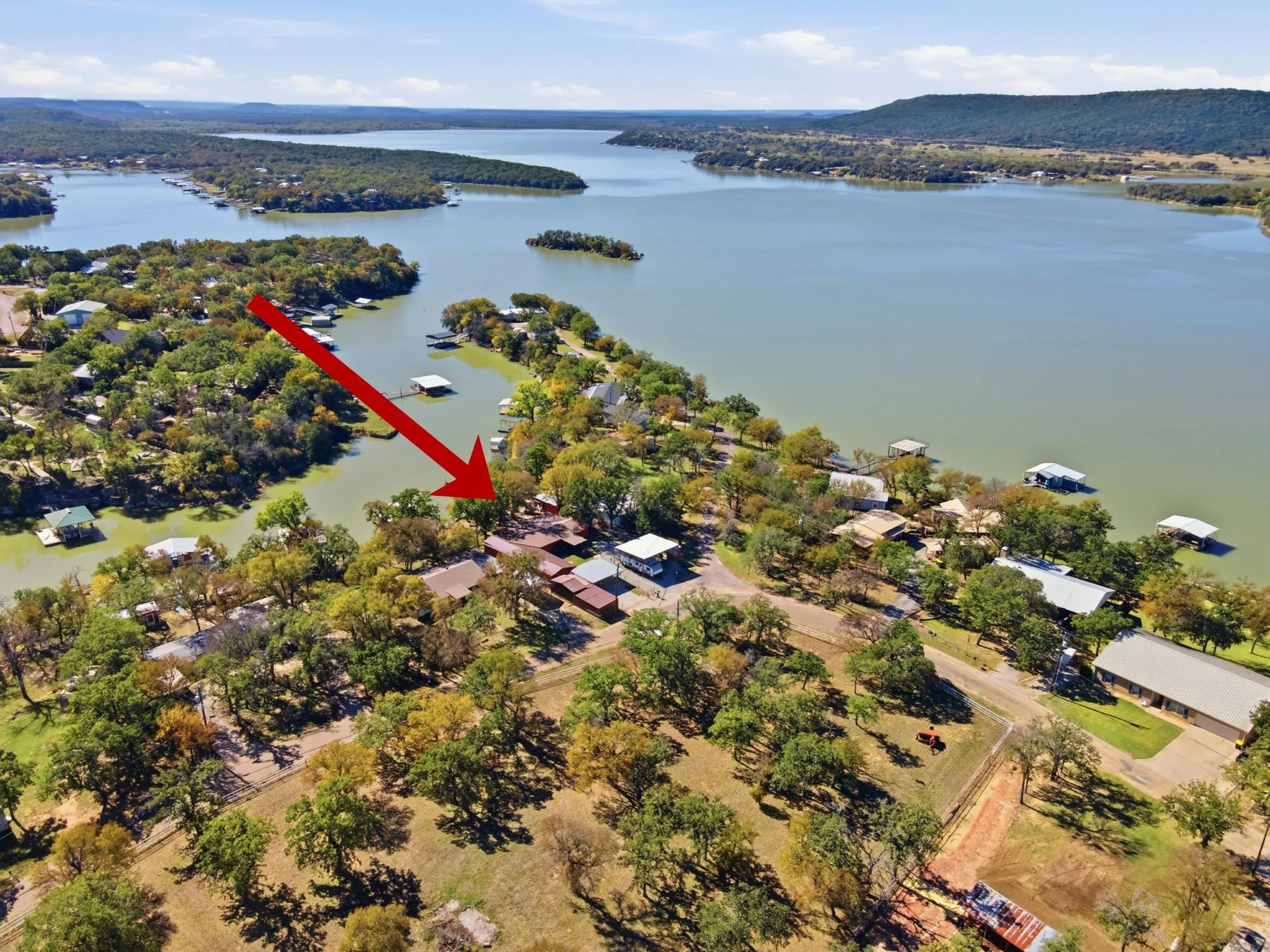 Aerial identifying the property’s location on Lake Palo Pinto.