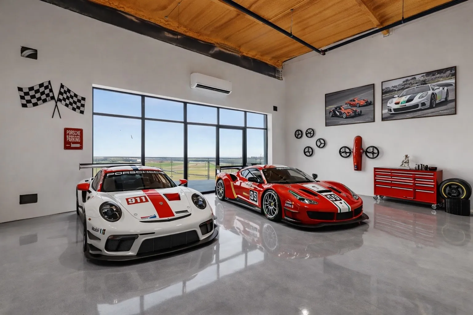 Garage with wooden ceiling and a wall mounted mini split