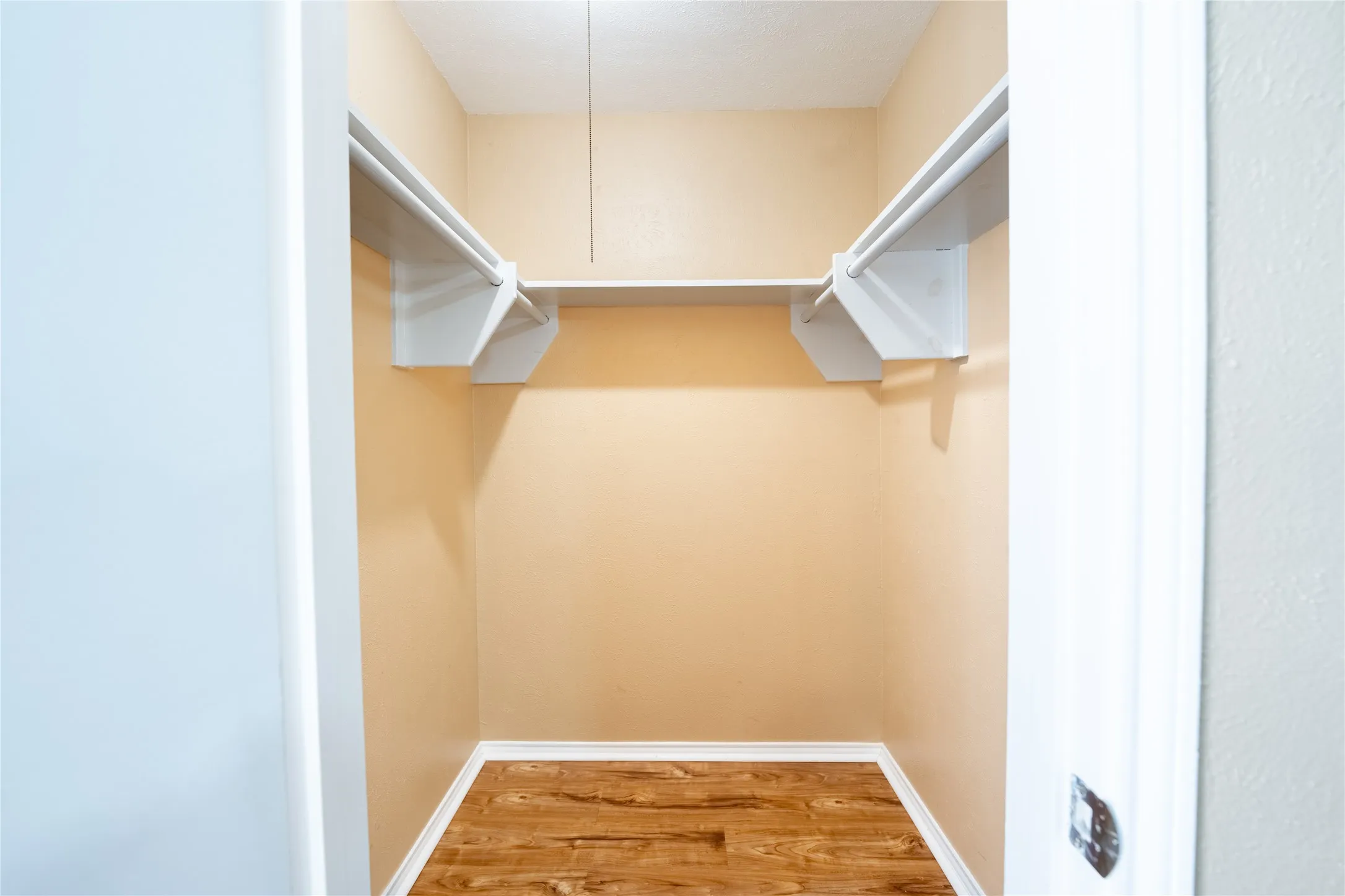 Walk in closet with wood finished floors