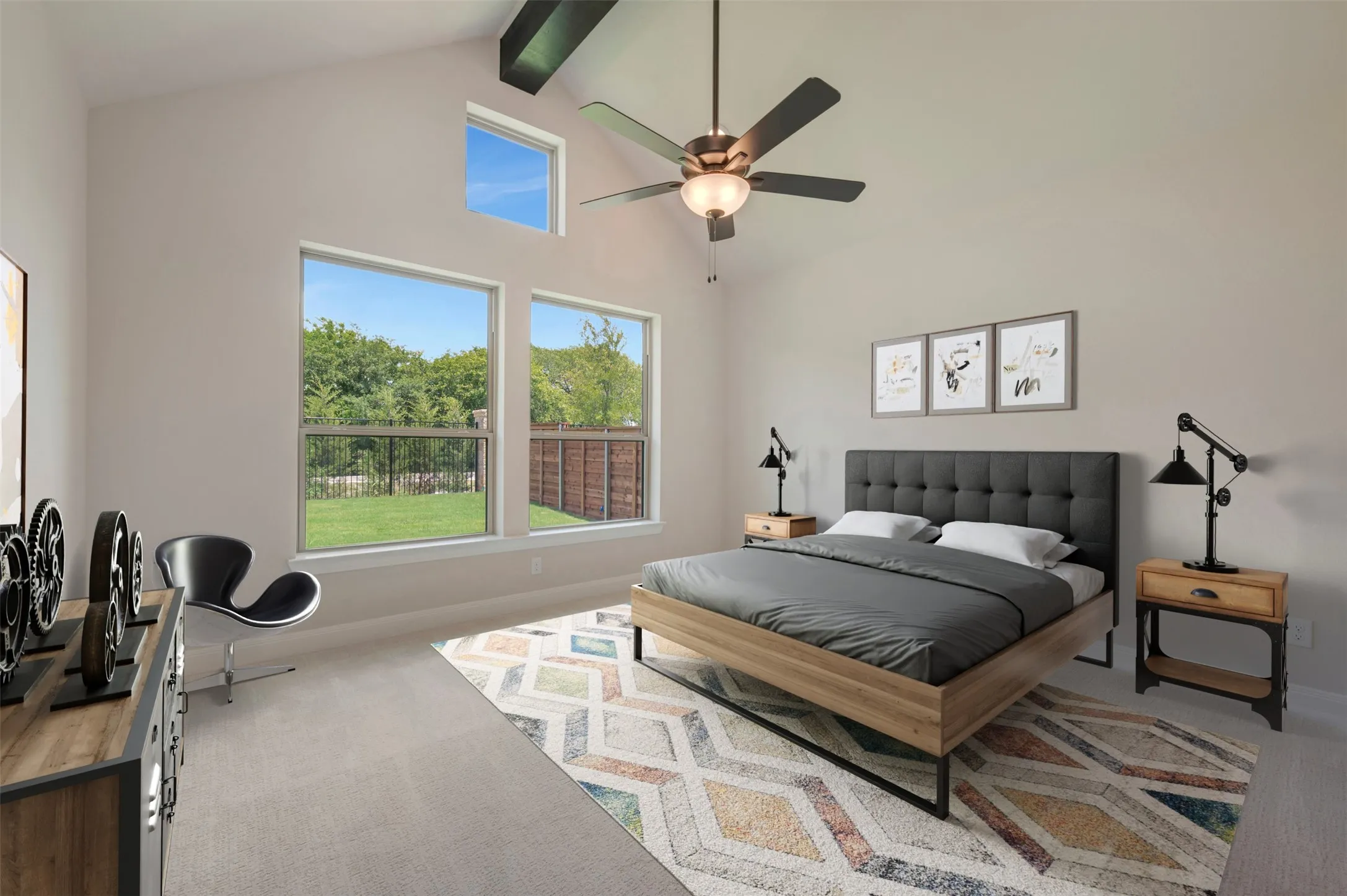 Vaulted ceiling bedroom featuring expansive windows, a ceiling fan with integrated lighting, and carpet flooring