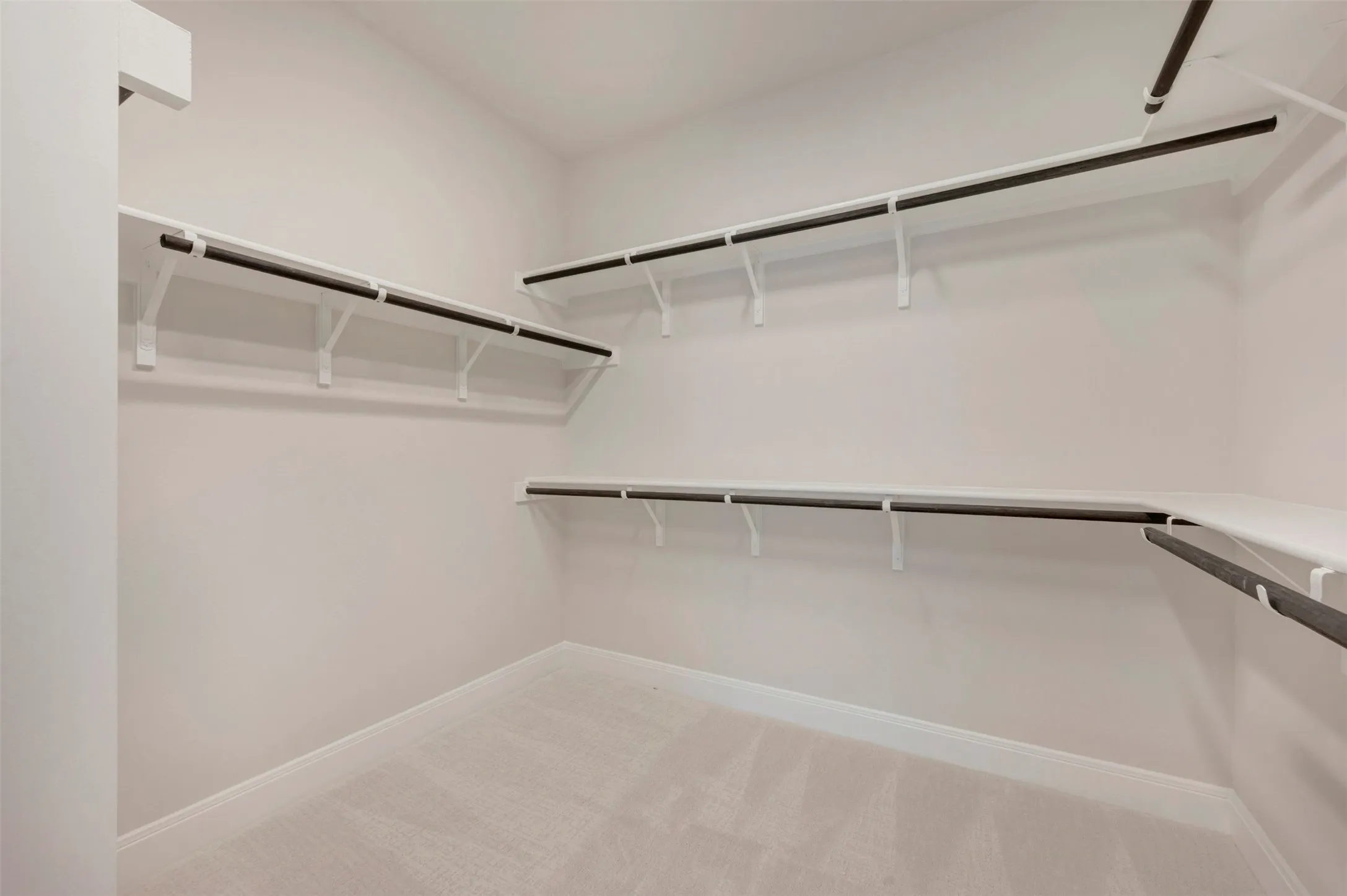 Expansive walk-in closet featuring white shelving with black hanging rods