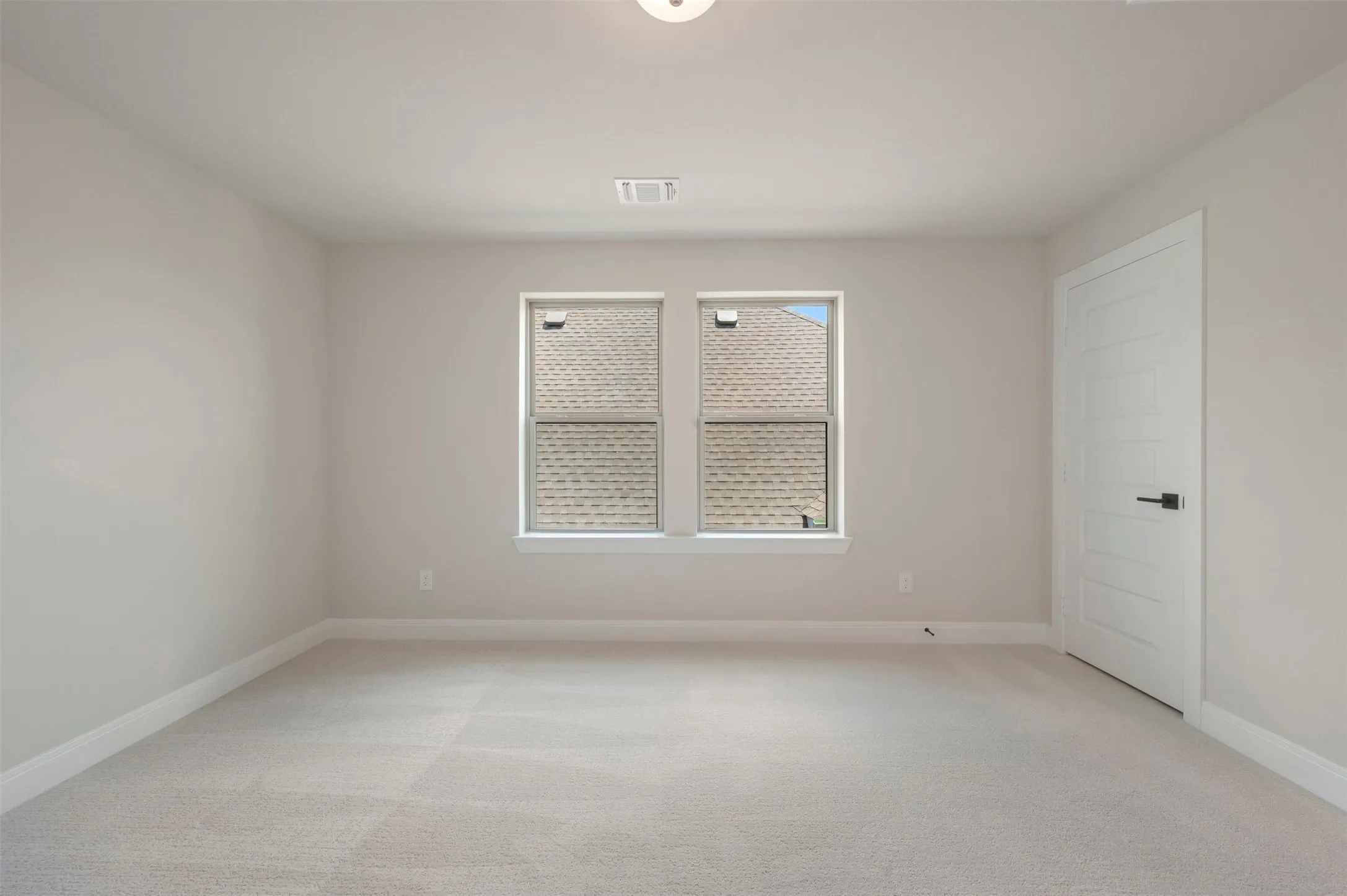 Spacious room featuring light-toned walls, plush carpeting, dual windows, a paneled door with dark hardware, and white baseboards