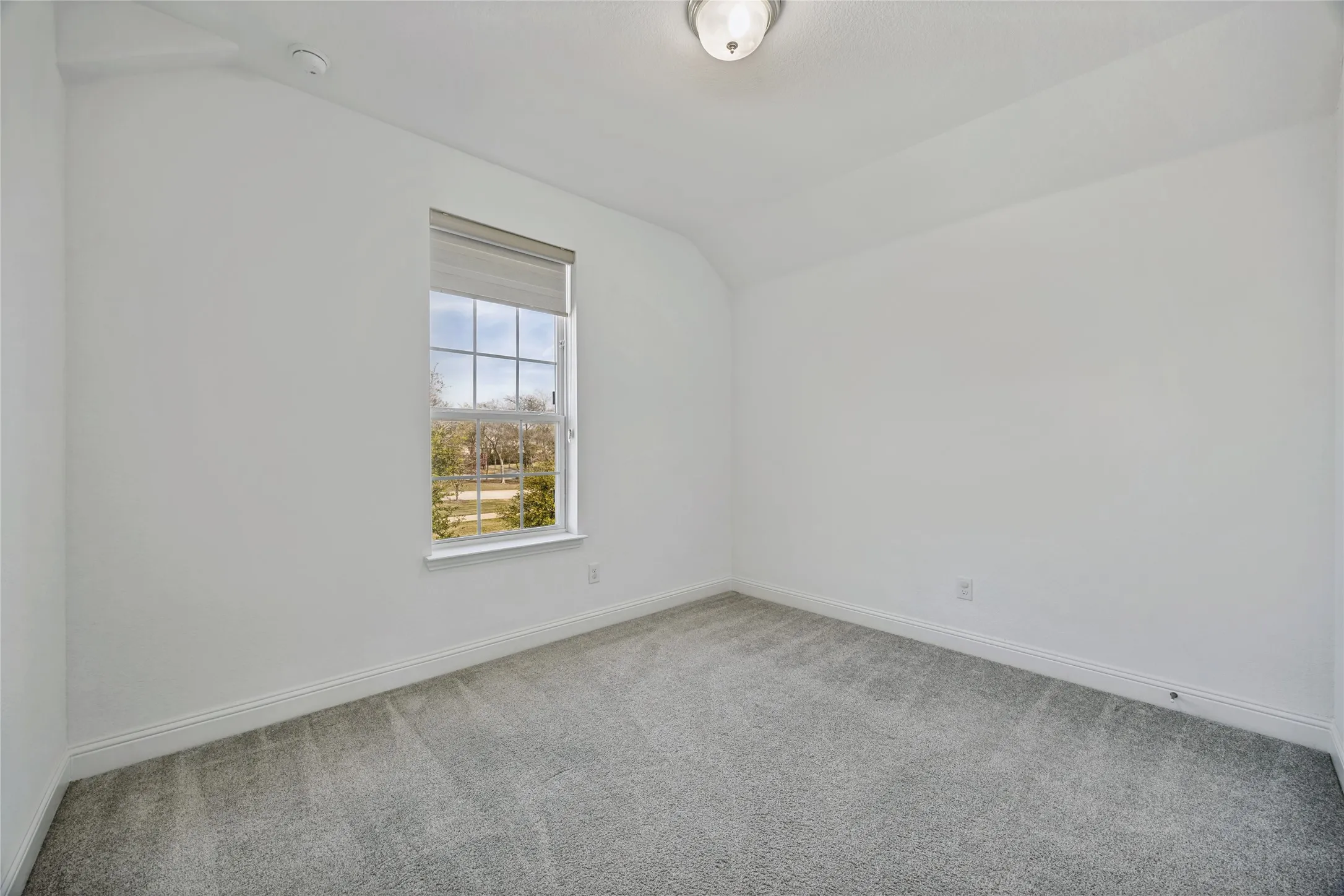 Bright room featuring a single window with grids, light gray carpeting, crisp white walls, white baseboards, and a flush-mount ceiling light fixture