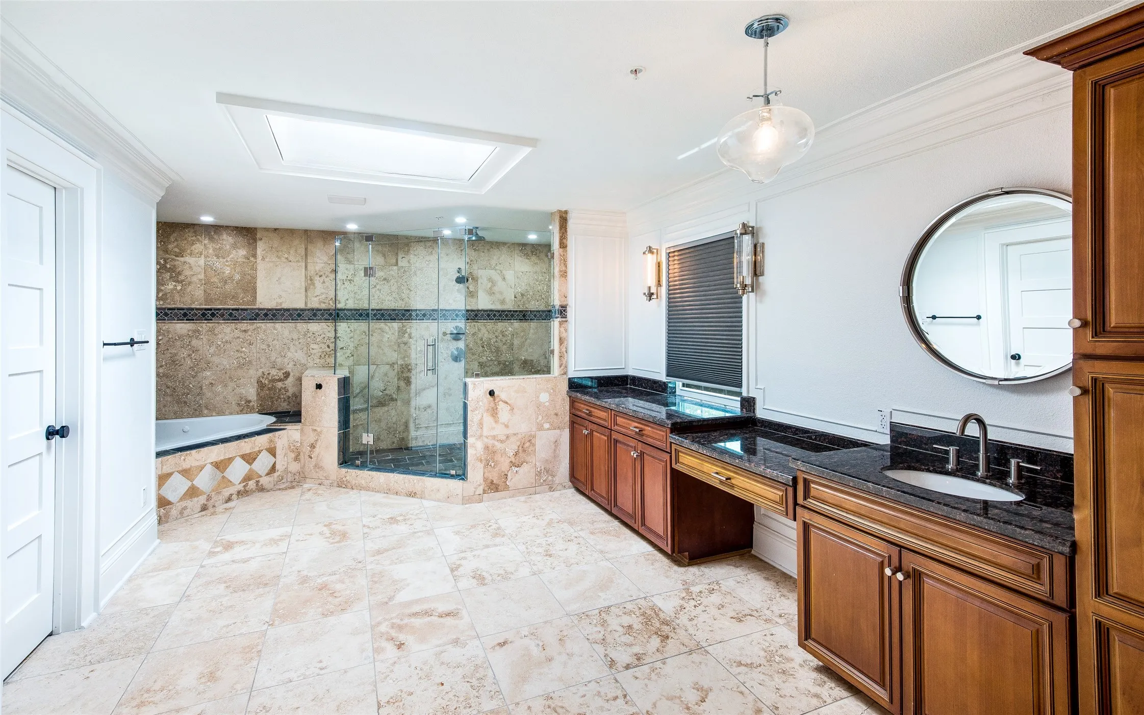 Bathroom with vanity, a bath, a shower stall, and crown molding