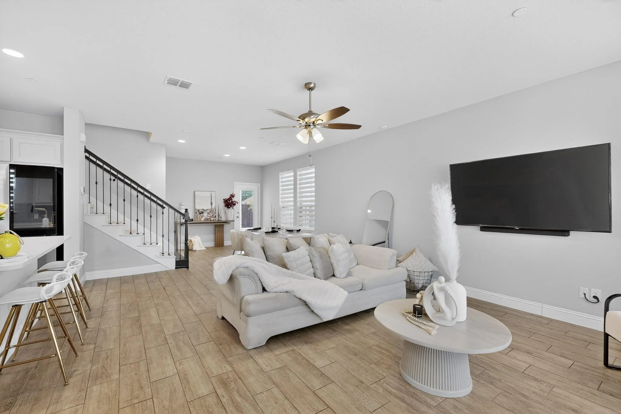 Living area flows to the kitchen island