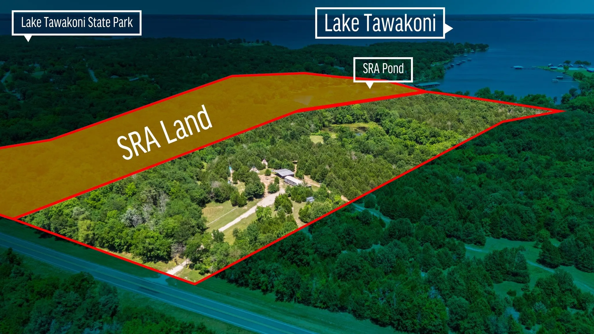 Full property view highlighting location of the SRA, State Park, and the lake itself!