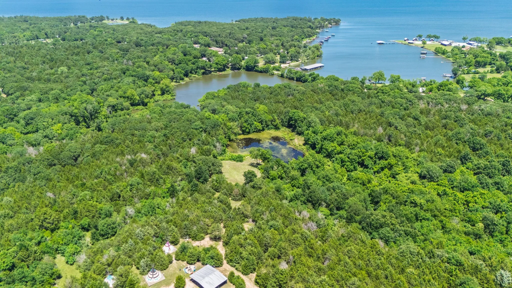  Sky view of the large pavilion and trails leading to the pond!