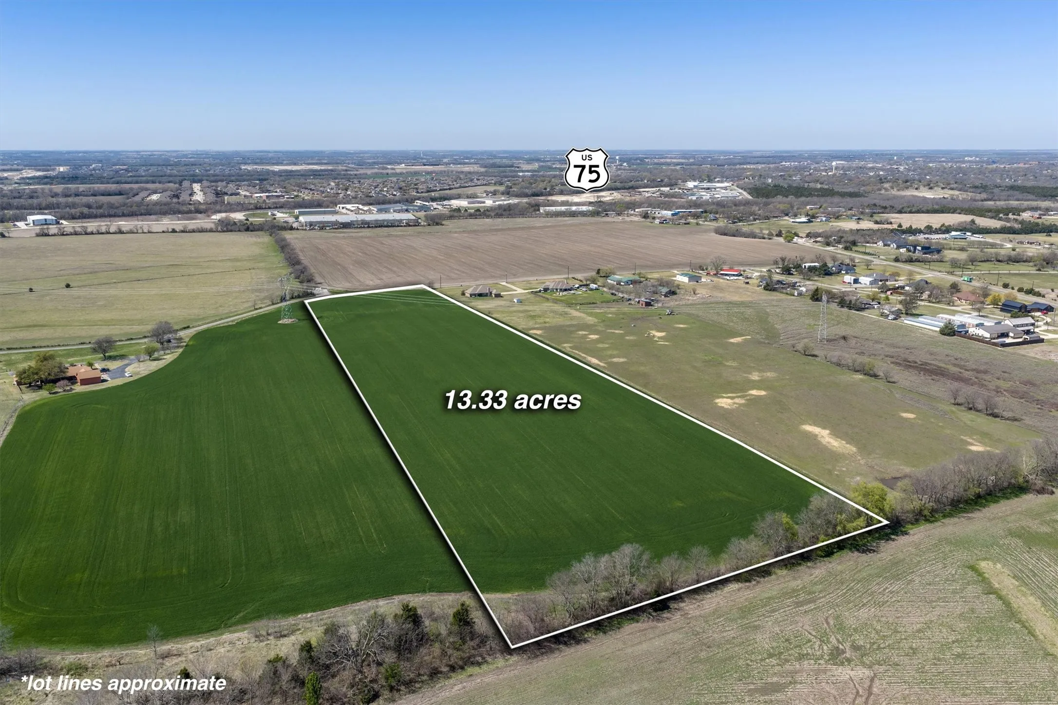 Looking northwest with approximate boundary lines.  Note the proximity to Hwy. 75.