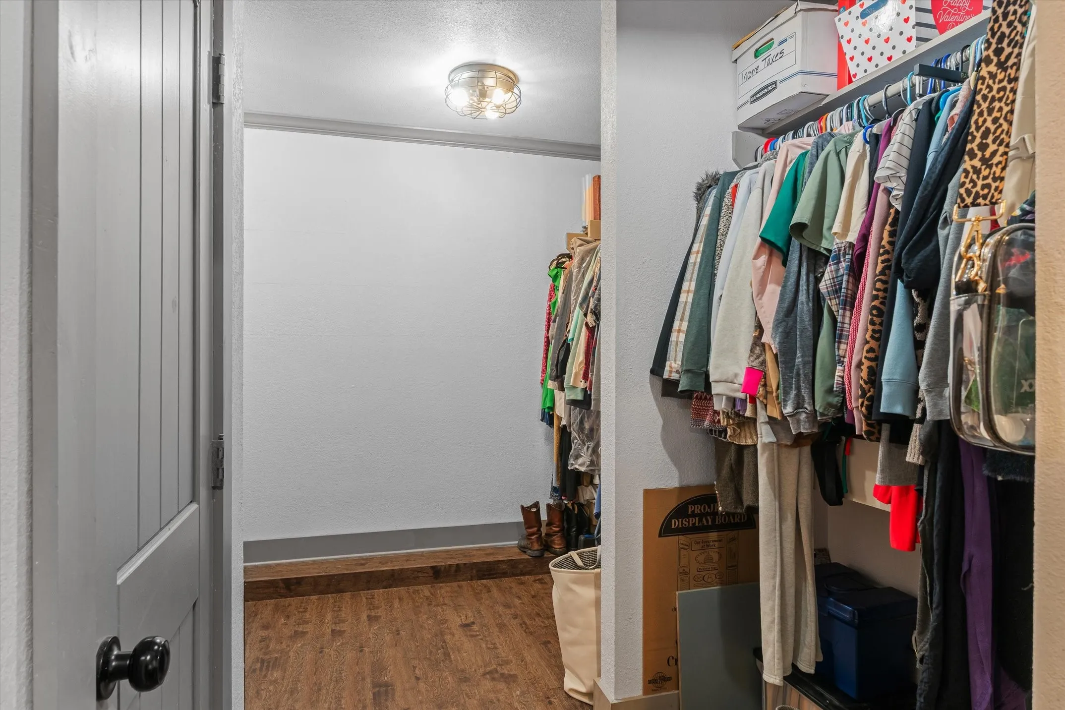 Walk in closet with dark wood-style floors