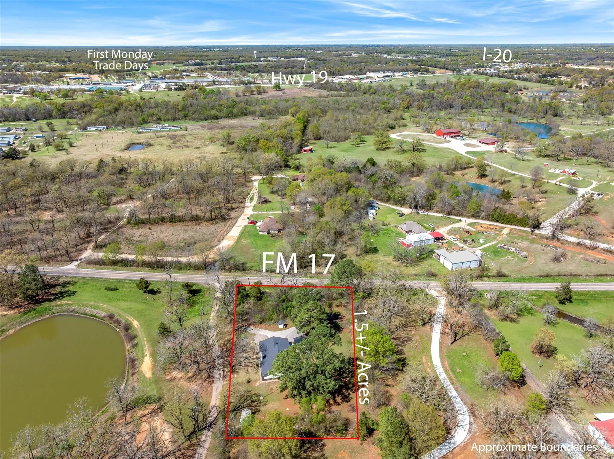 View of property location featuring a view of the neighbors pond and property boundaries highlighted
