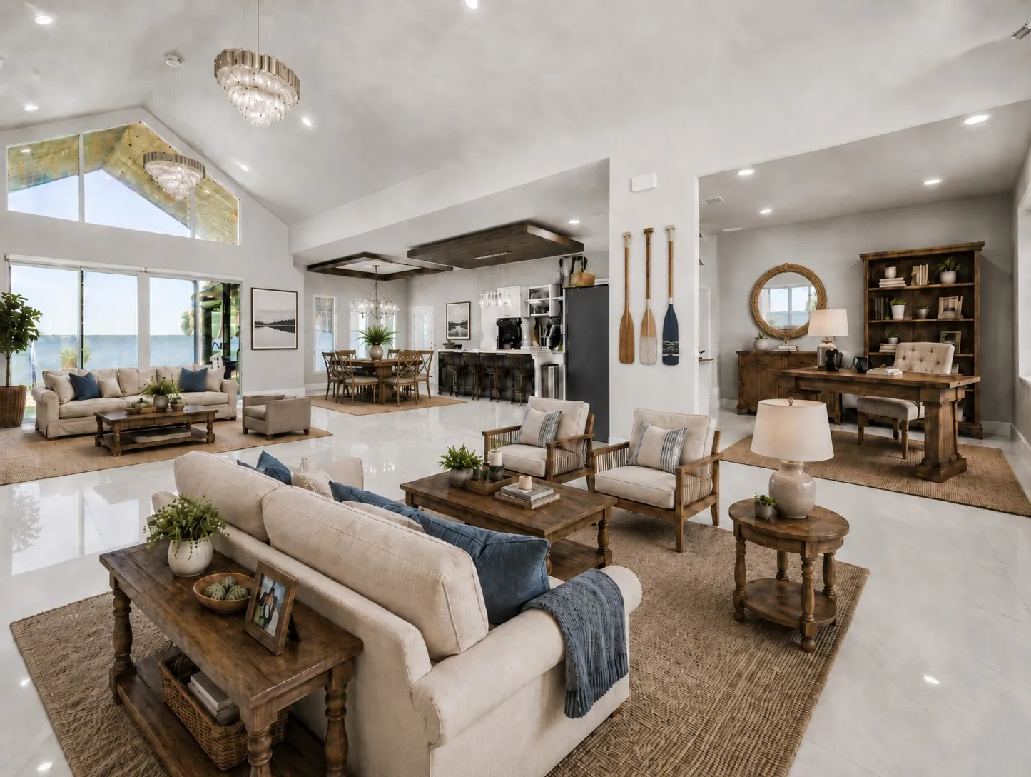 Virtually staged open living, dining, and office spaces designed for lakefront entertaining.
