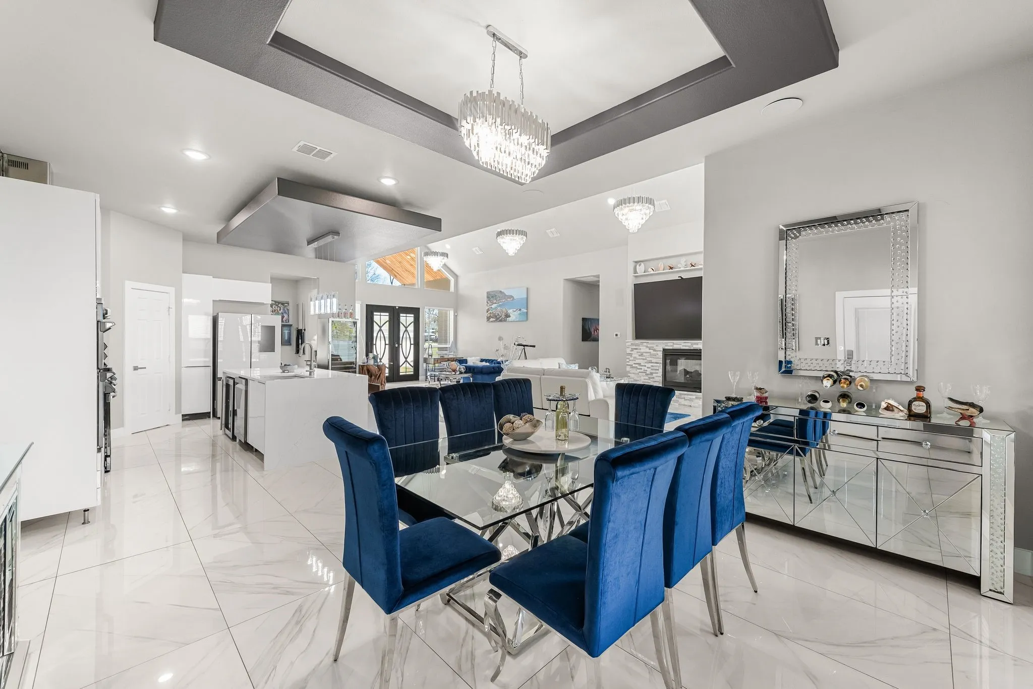 Open kitchen and living area with modern finishes and relaxed lake house comfort.