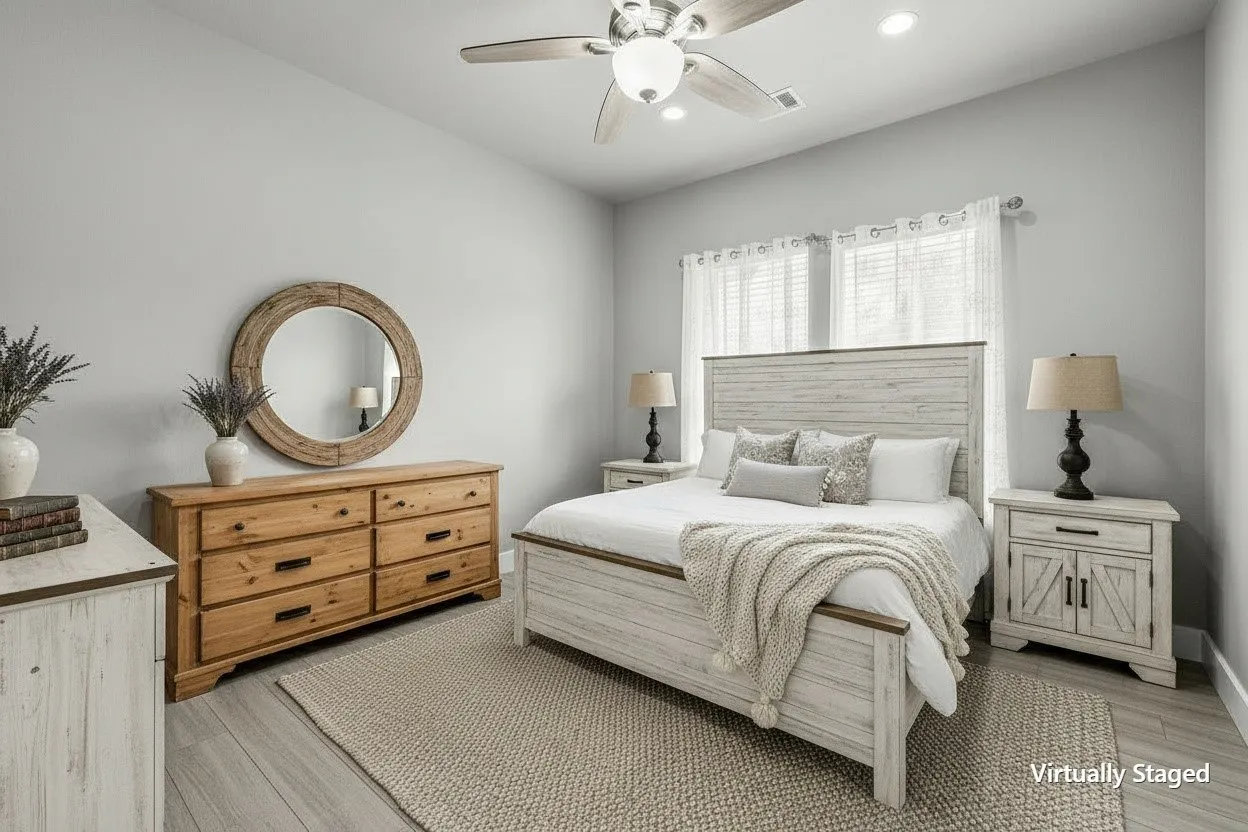 Virtually staged guest bedroom with farmhouse furniture and soft neutral finishes.