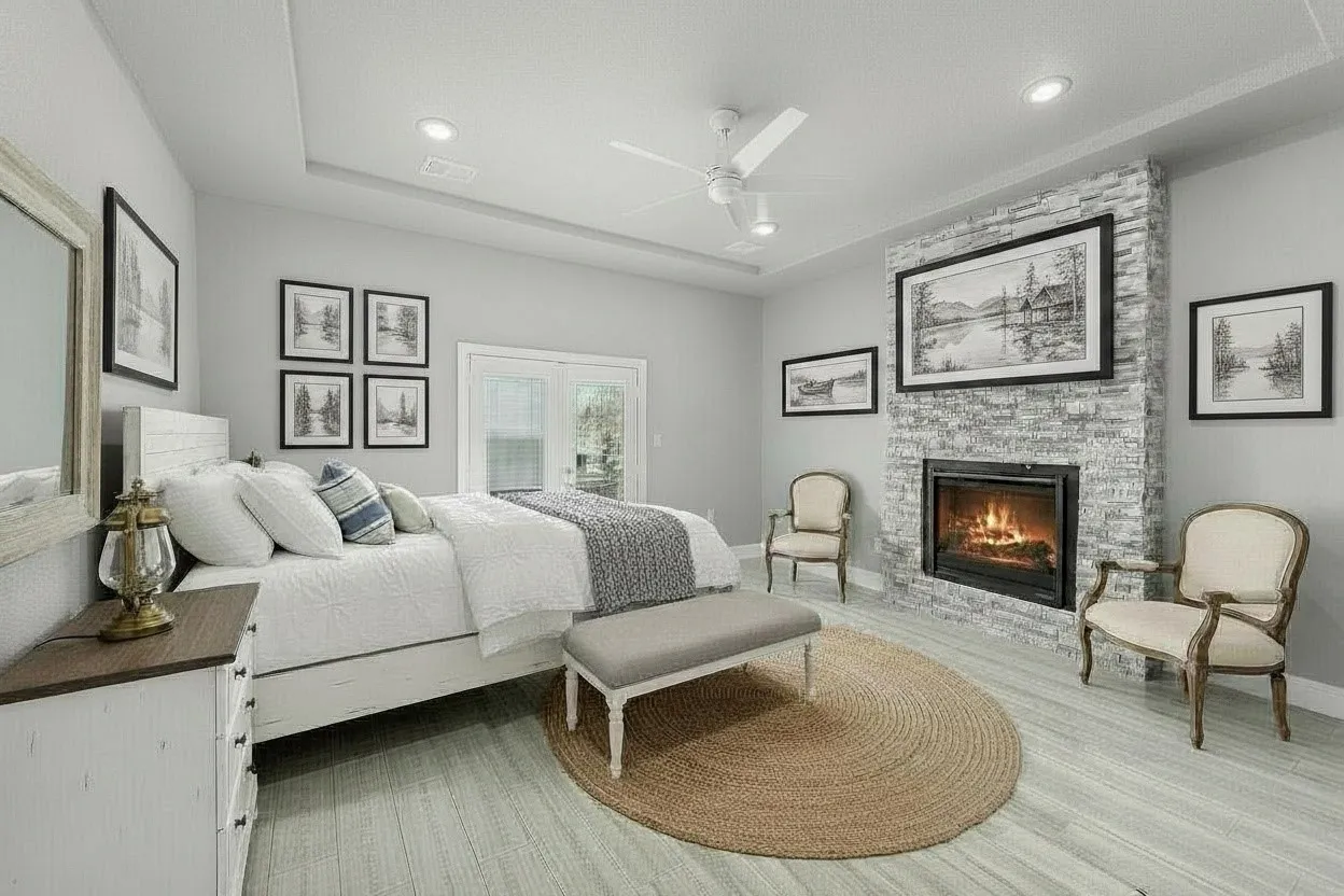 Virtually staged primary suite with fireplace, sitting area, and modern farmhouse lake style.