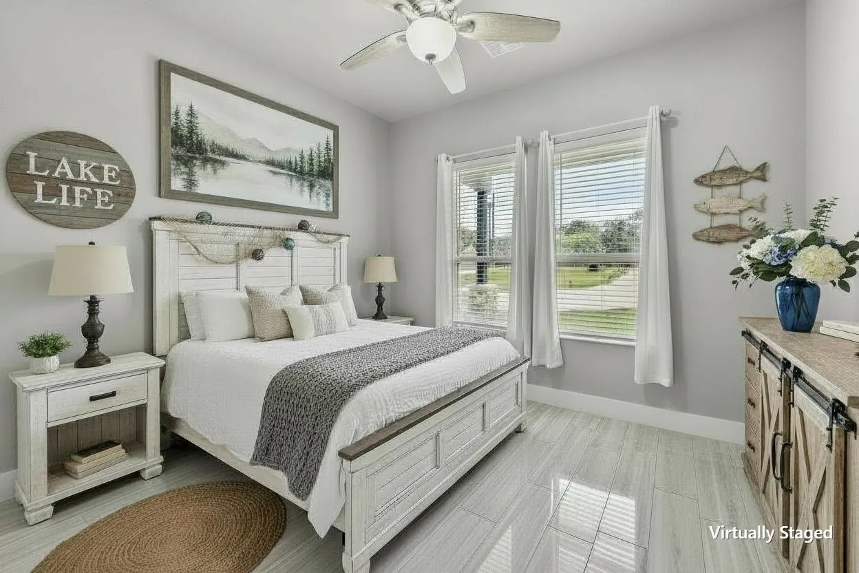 Virtually staged Lake-themed bedroom with farmhouse furniture, natural light, and relaxed retreat style.