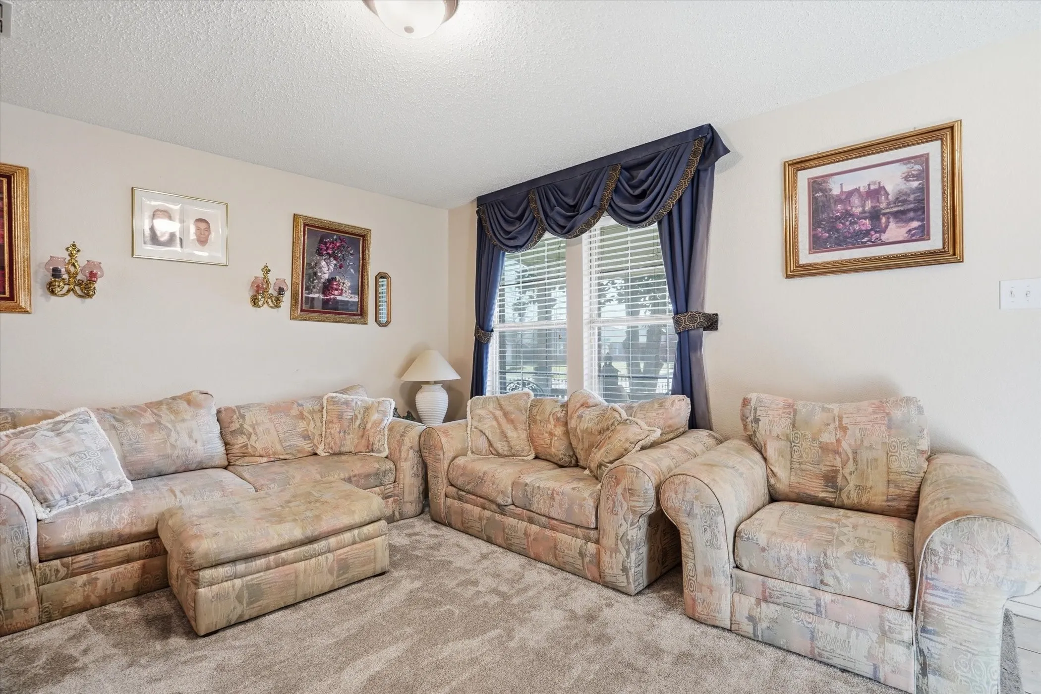 Living room with a textured ceiling and carpet