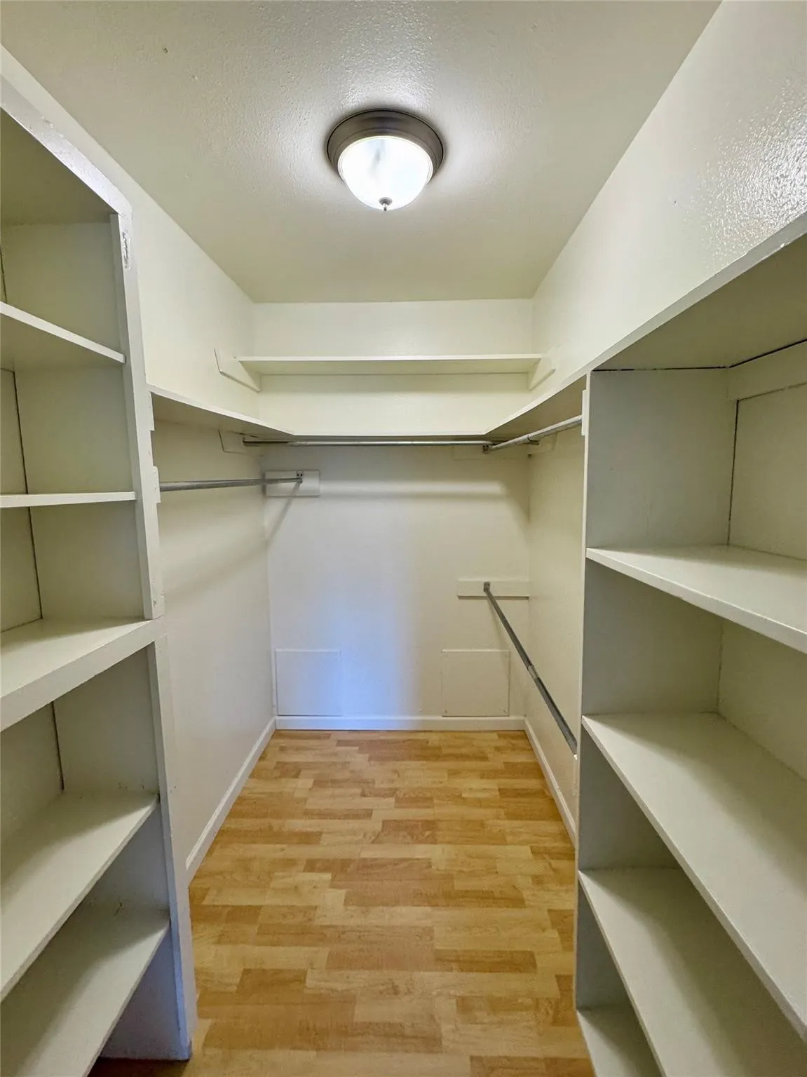 Walk in closet with light wood-style floors