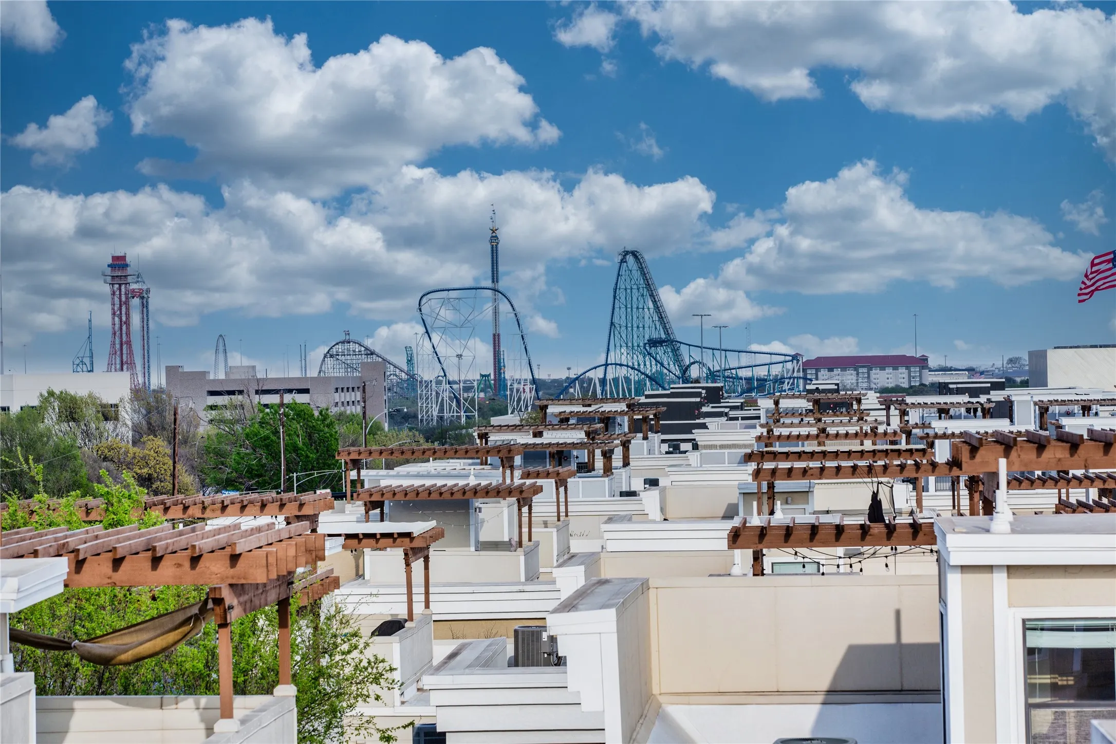 Skyline view of the Six Flags and other roof top units.