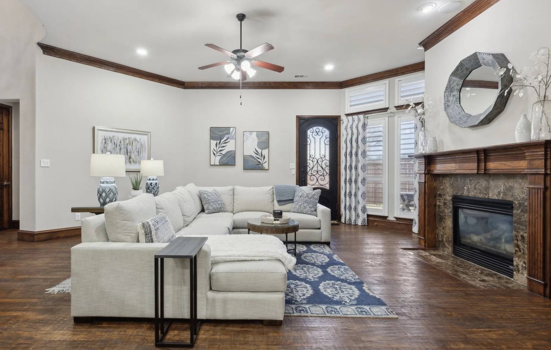 Large open living with 4K TV and surround sound