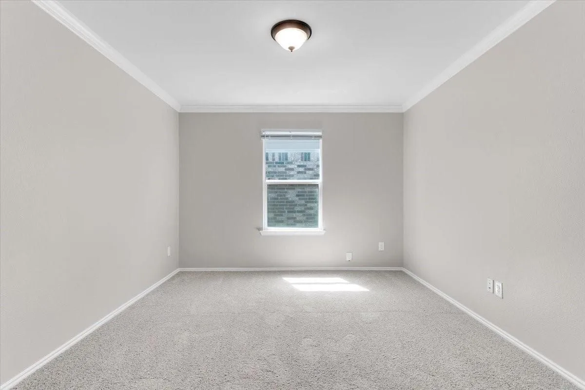 Room featuring neutral wall paint, gray carpet, crown molding, a flush-mount ceiling light, and a window with blinds