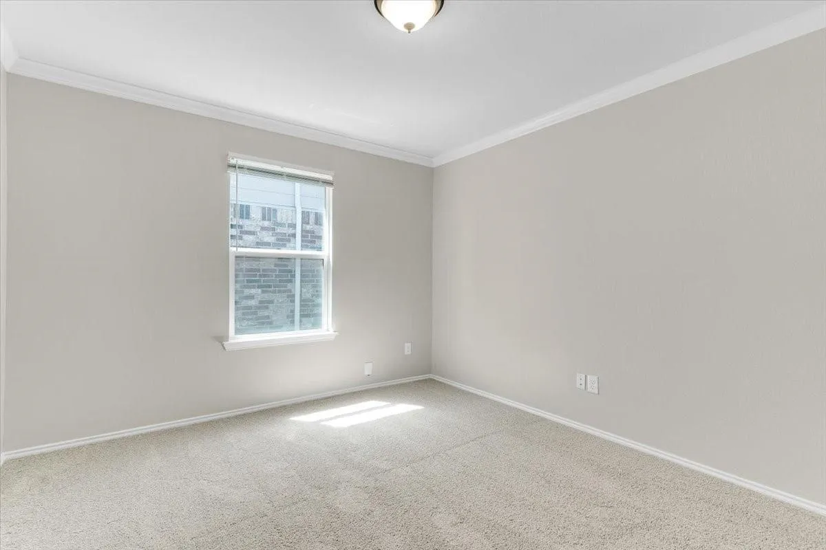 Spacious room featuring neutral paint, crown molding, a large window with blinds, and carpet flooring