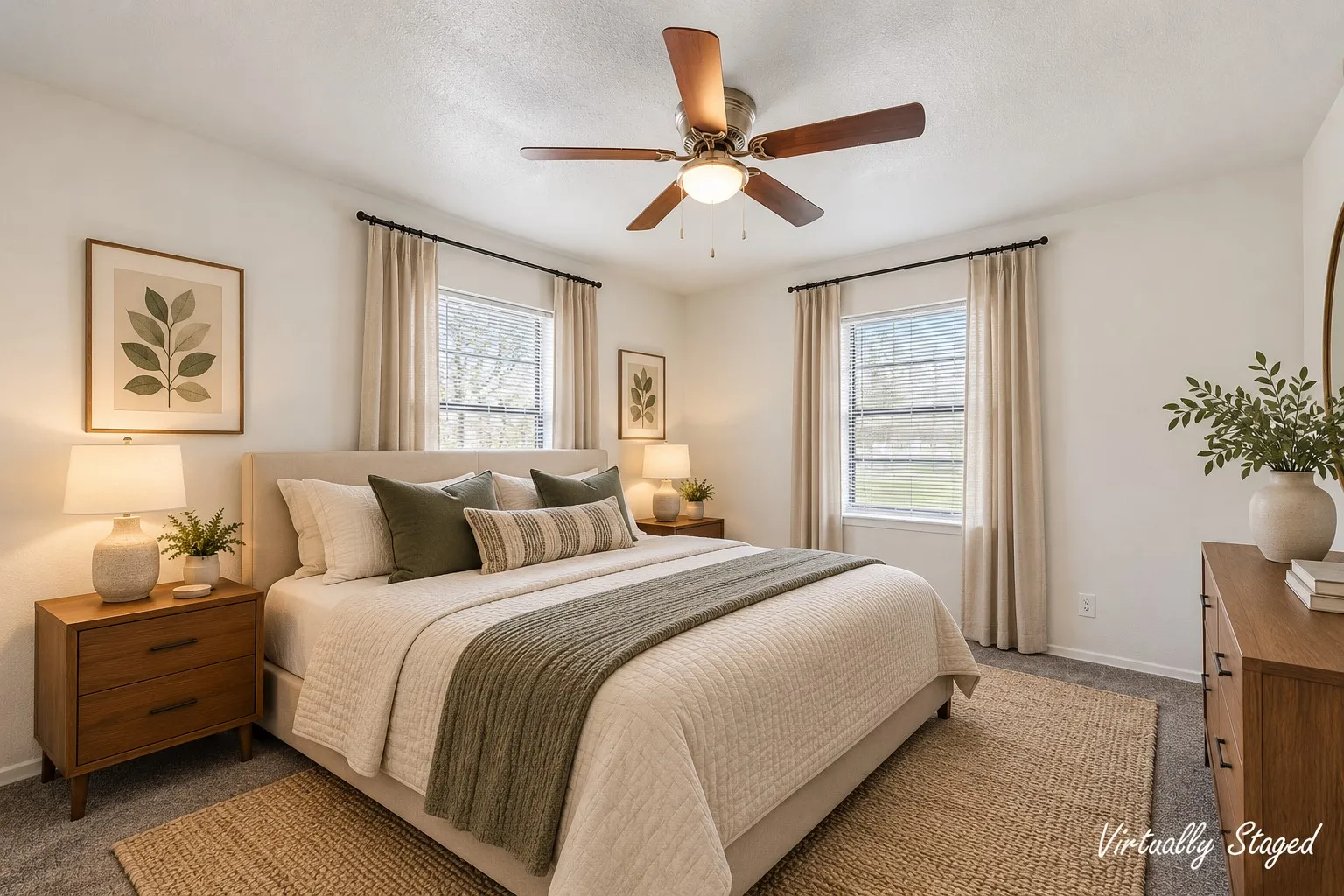 Carpeted flooring, dual windows with curtain rods, and a ceiling fan with light fixture