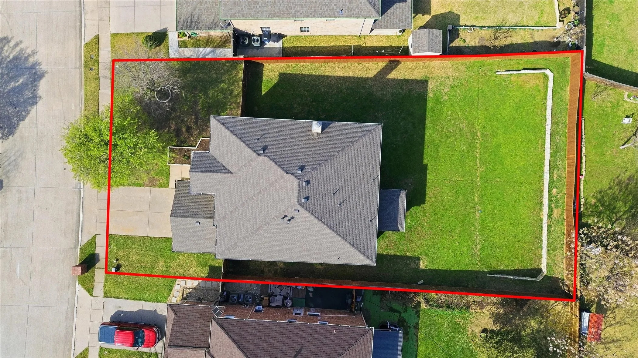 Aerial overview of property's location featuring property boundaries highlighted