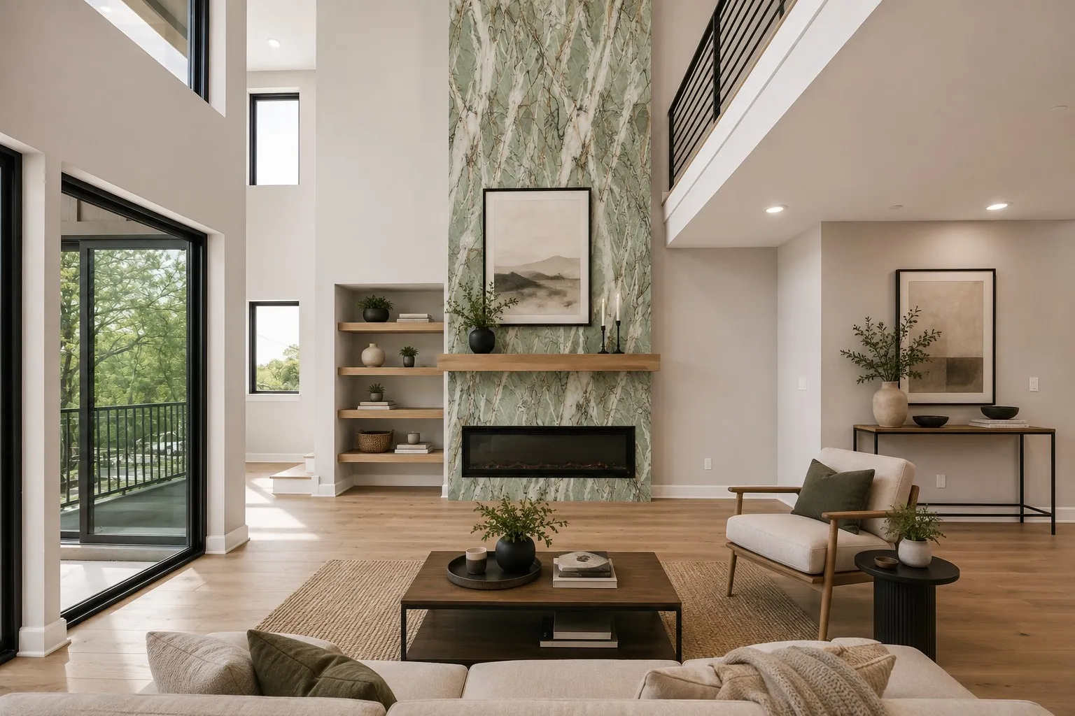 Double-height living space featuring a floor-to-ceiling green marble fireplace, built-in shelving, hardwood-finish flooring, and a second-level open railing