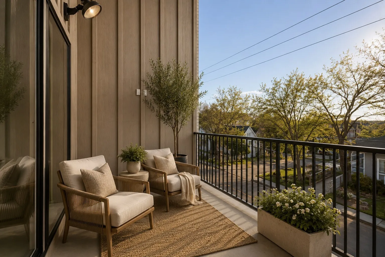 Private balcony featuring board and batten siding, black metal railing, and an exterior wall-mounted light fixture