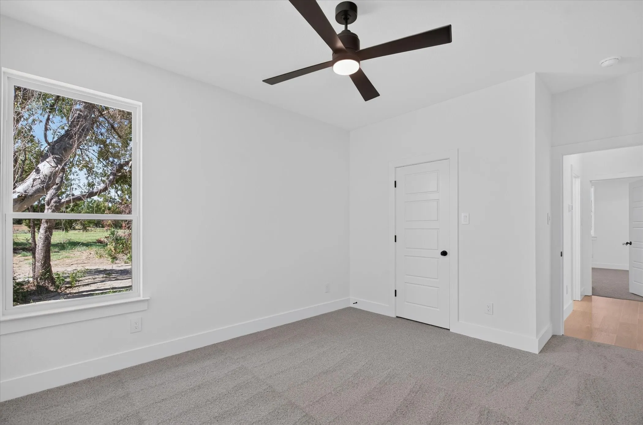 Neutral gray carpeting, white painted walls, a flush panel door with black hardware, a ceiling fan with integrated lighting, and a large window with white trim