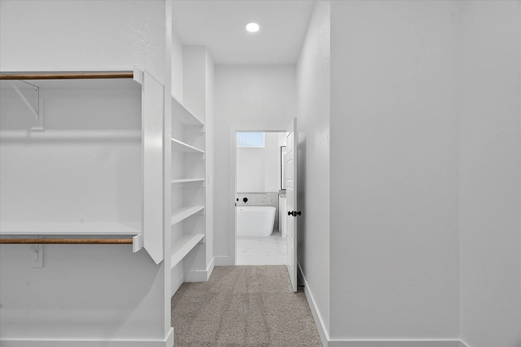 Built-in shelving and closet rod system, recessed lighting, and carpet flooring