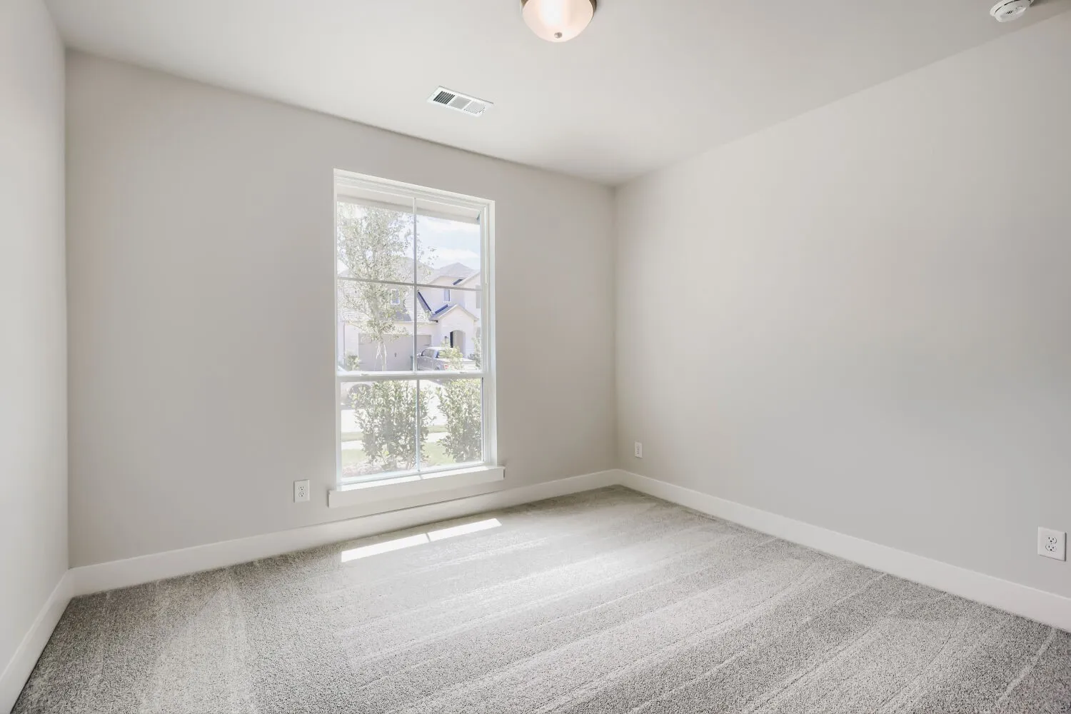 Neutral-toned room with a large window, light gray carpeting, crisp white baseboards, and a flush-mount ceiling light fixture