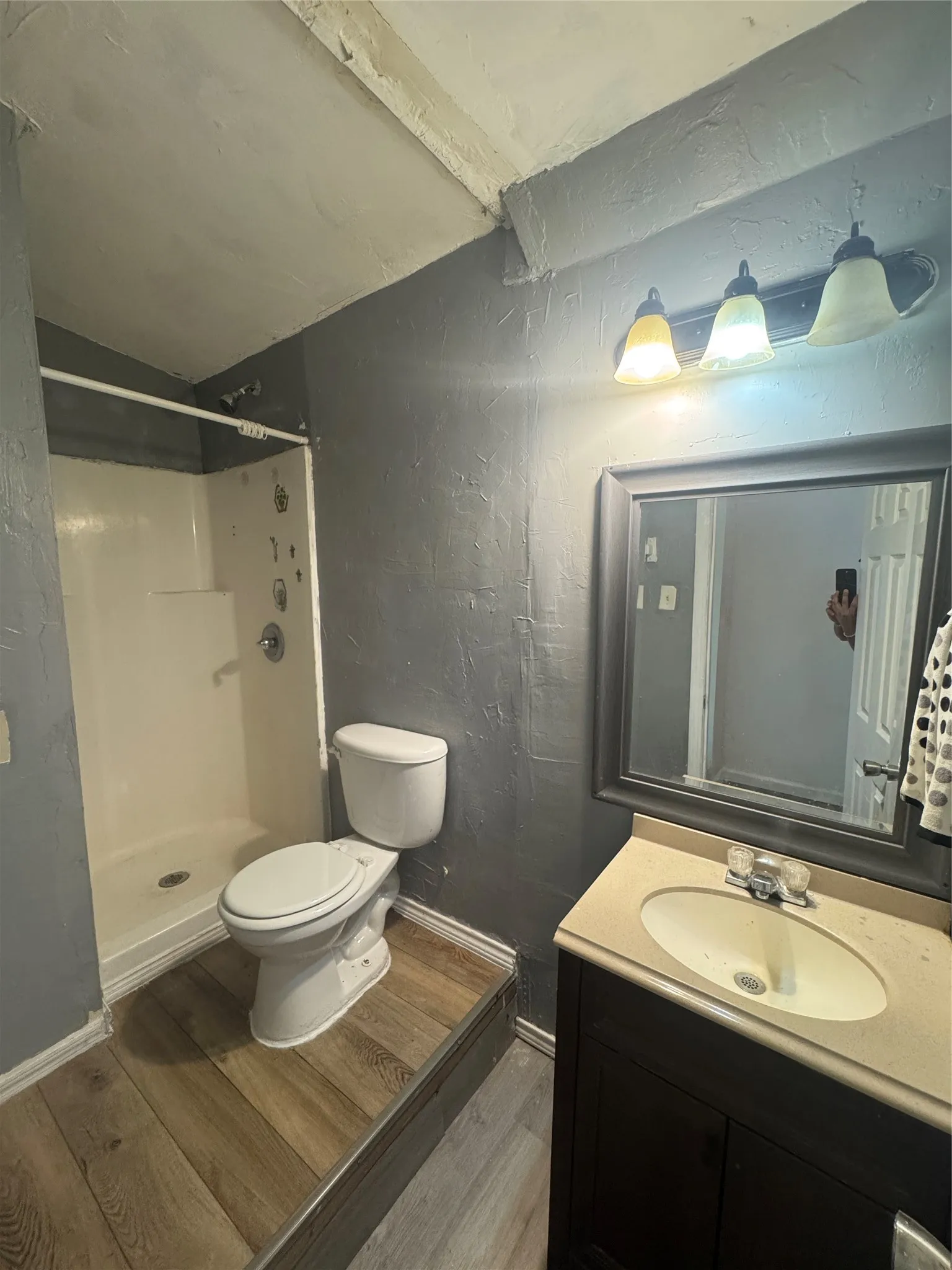 Compact bathroom featuring a shower stall, wood-finish flooring, a white toilet, and a vanity with an integrated sink and mirror
