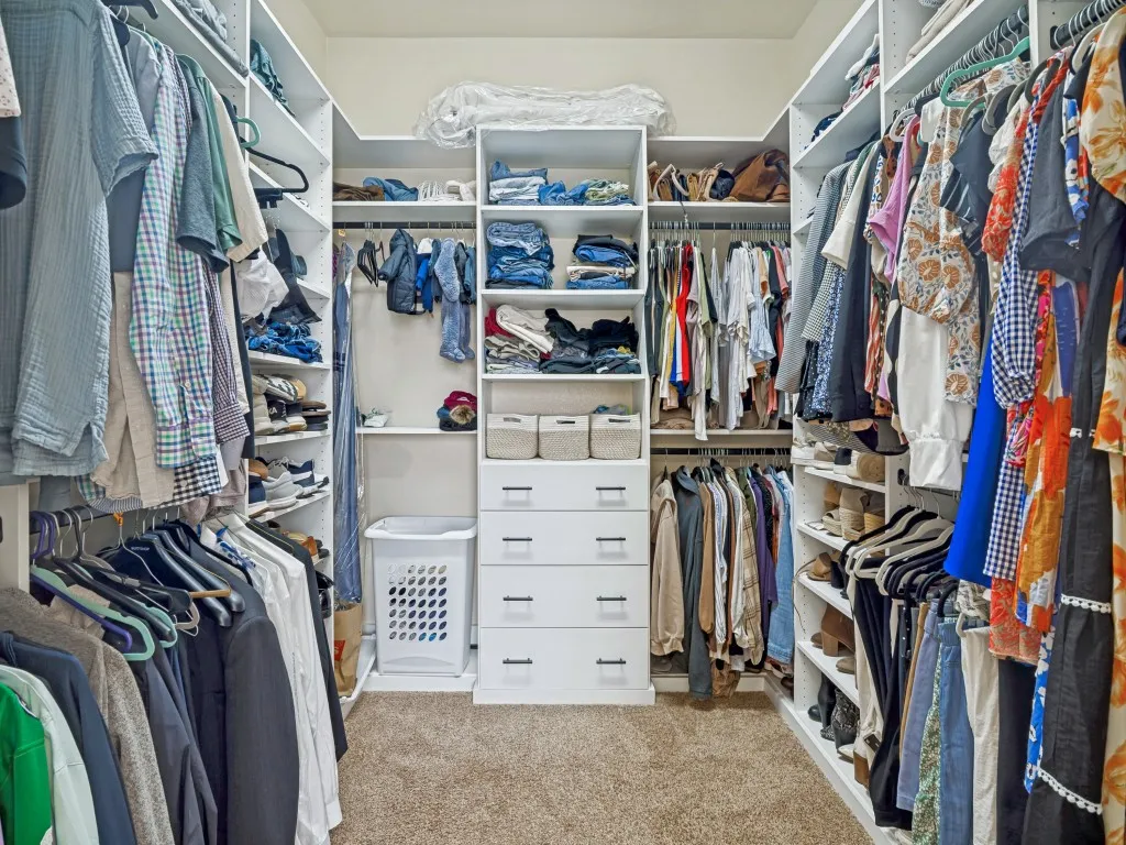 Walk in closet with light colored carpet