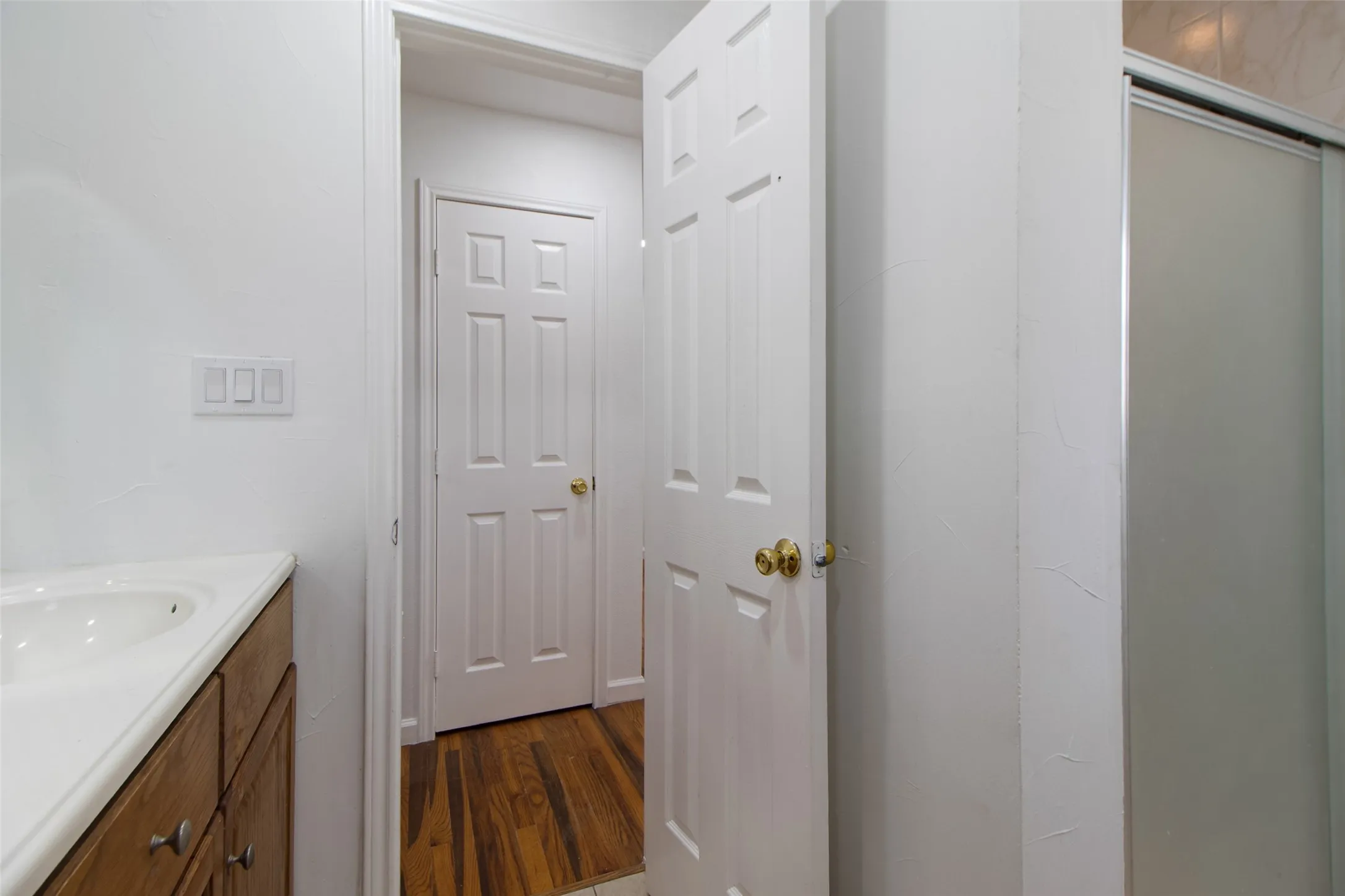 Bathroom featuring vanity and dark wood-type flooring