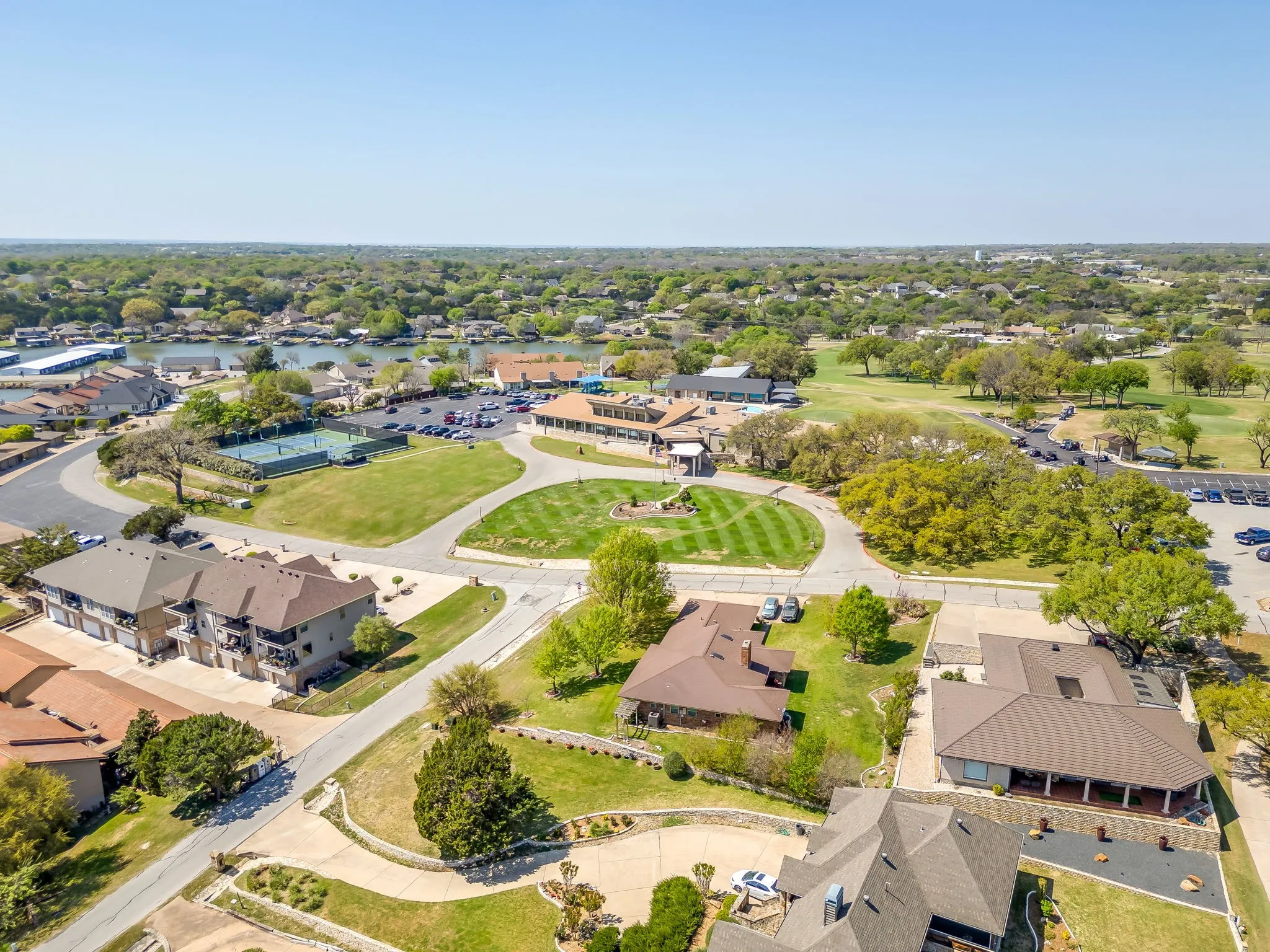 Aerial view of the clubhouse, Pool, Courts