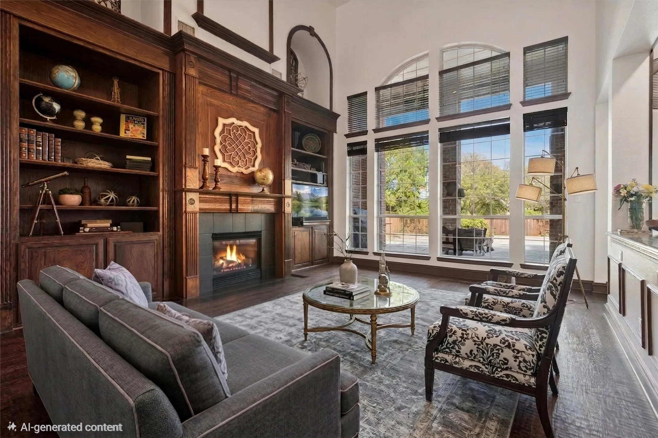 Warm and inviting family room with soaring ceilings, custom built-ins, rich hand scraped hardwood floors, and a cozy fireplace, creating the perfect gathering space. (Virtually Staged)
