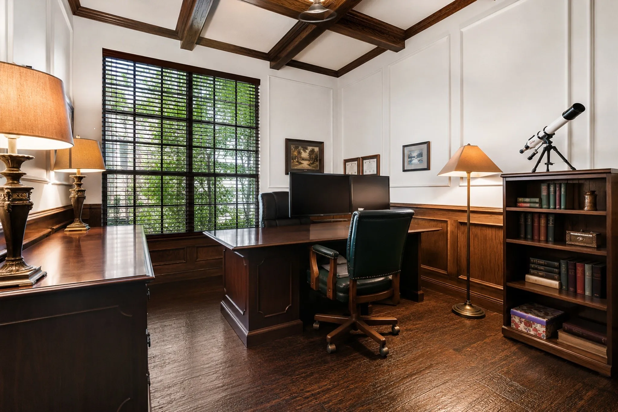 Dedicated office showcasing boxed beam ceilings and detailed millwork.