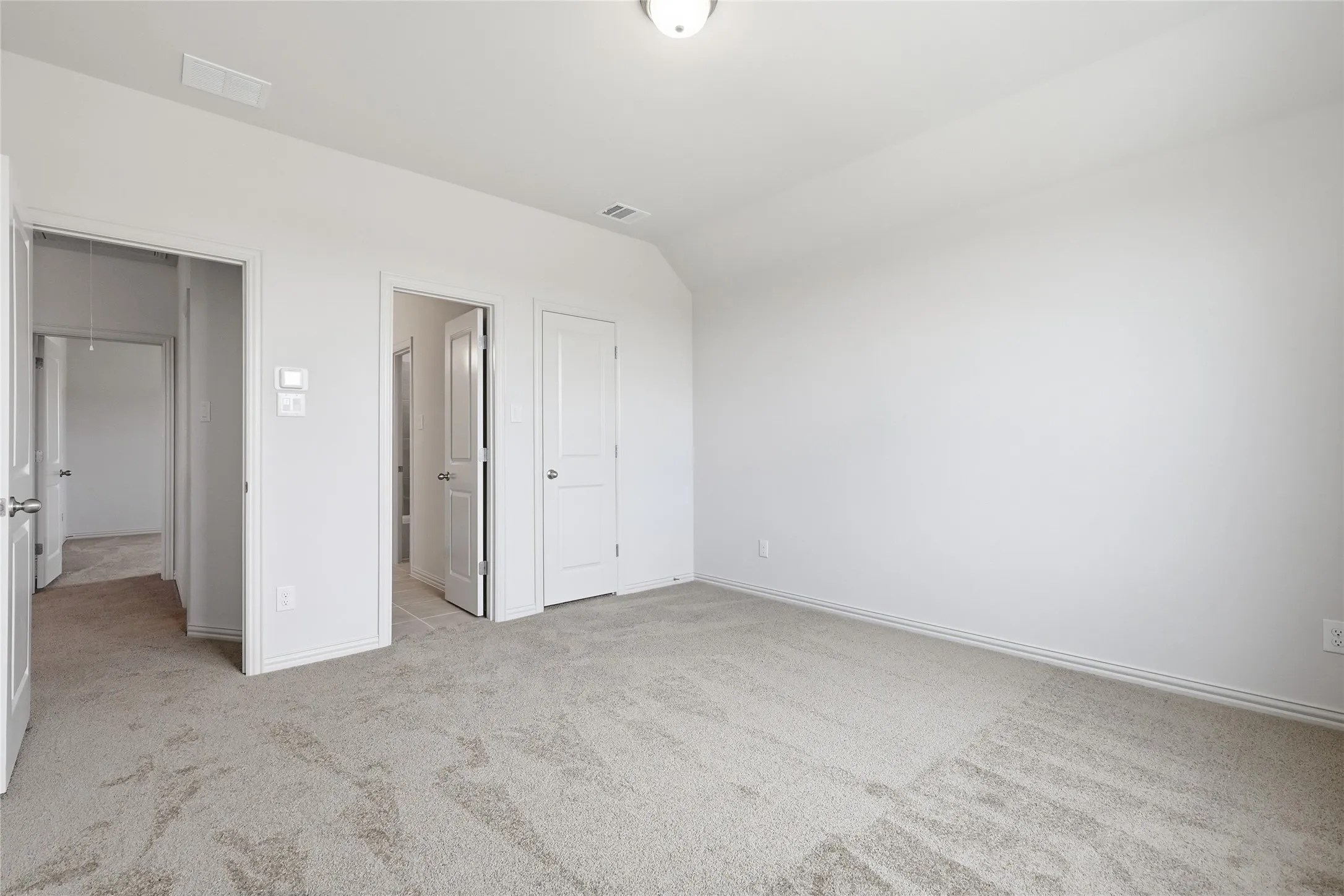 Spacious interior room featuring light-colored carpet, white walls, and multiple white panel doors